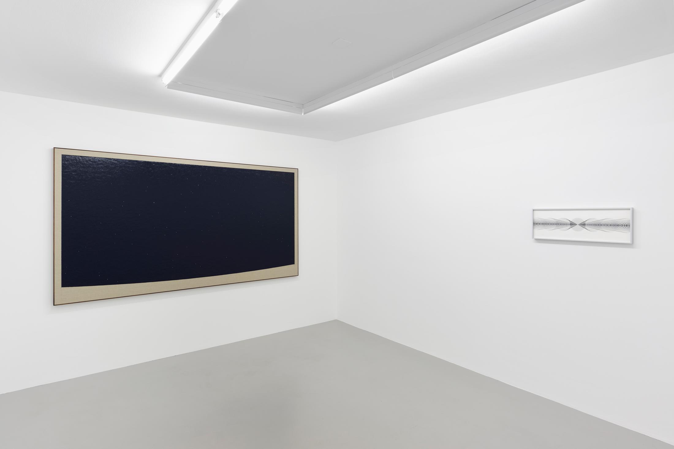 Exhibition View Paul Fägerskiöld Solo Show «Longue durée» at Exhibition View Paul Fägerskiöld Solo Show «Longue durée; view on Paul Fägerskiöld, Feldmeilen, Switzerland. Summer Solstice. Looking West before Sunrise. 23 July 3600 BC, 2022, Oil on Linen in Walnut Frame, 50 x 91 cm» at GALERIE PHILIPPZOLLLINGER, Zurich, 2022 / Photo: Conradin Frei / Courtesy: the artist and GALERIE PHILIPPZOLLLINGER, Zurich, 2022 / Photo: Conradin Frei / Courtesy: the artist and Exhibition View Paul Fägerskiöld Solo Show «Longue durée; view on Paul Fägerskiöld, Feldmeilen, Switzerland. Summer Solstice. Looking West before Sunrise. 23 July 3600 BC, 2022, Oil on Linen in Walnut Frame, 50 x 91 cm» at GALERIE PHILIPPZOLLLINGER, Zurich, 2022 / Photo: Conradin Frei / Courtesy: the artist and GALERIE PHILIPPZOLLLINGER