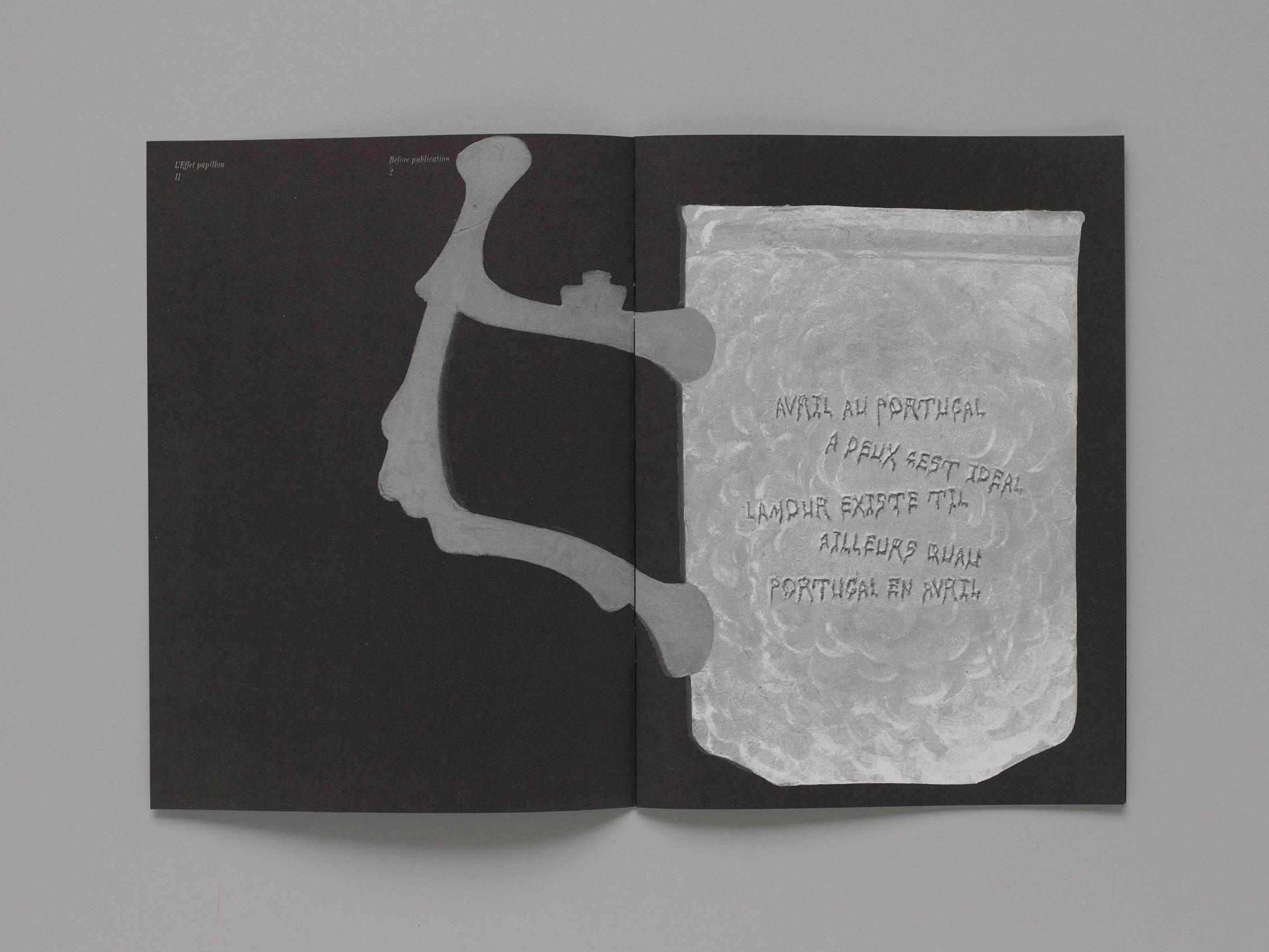 Paul Paillet, BRUME BOURGEON BRISE SOLEIL, brochure, 12 pages, published in the Before publication collection, which gathers the pre-publications; single booklets from 4 to 24 pages, 17.2 × 23.5 cm, offset, black/white, stapled binding, 250 copies; of authors' texts or artists' inserts, which will appear regularly and as a preview before their final publication in L'Effet papillon II (second volume of L'Effet papillon, 1989 - 2007, catalogue of the Centre d'édition contemporaine published in 2008) / Graphic design: Niels Wehrspann, Lausanne / Edition of the Centre d'édition contemporaine, Geneva, 2020 / This publication was inspired by the novel Les Météores by Michel Tournier and by the song, Coimbra (1930) by José Galhardo, whose French version, April in Portugal (1947) was written by Jacques Larue and the English version April in Portugal (1947) by Jimmy Kennedy / Photo: © Sandra Pointet / Courtesy: Centre d’édition contemporaine, Geneva