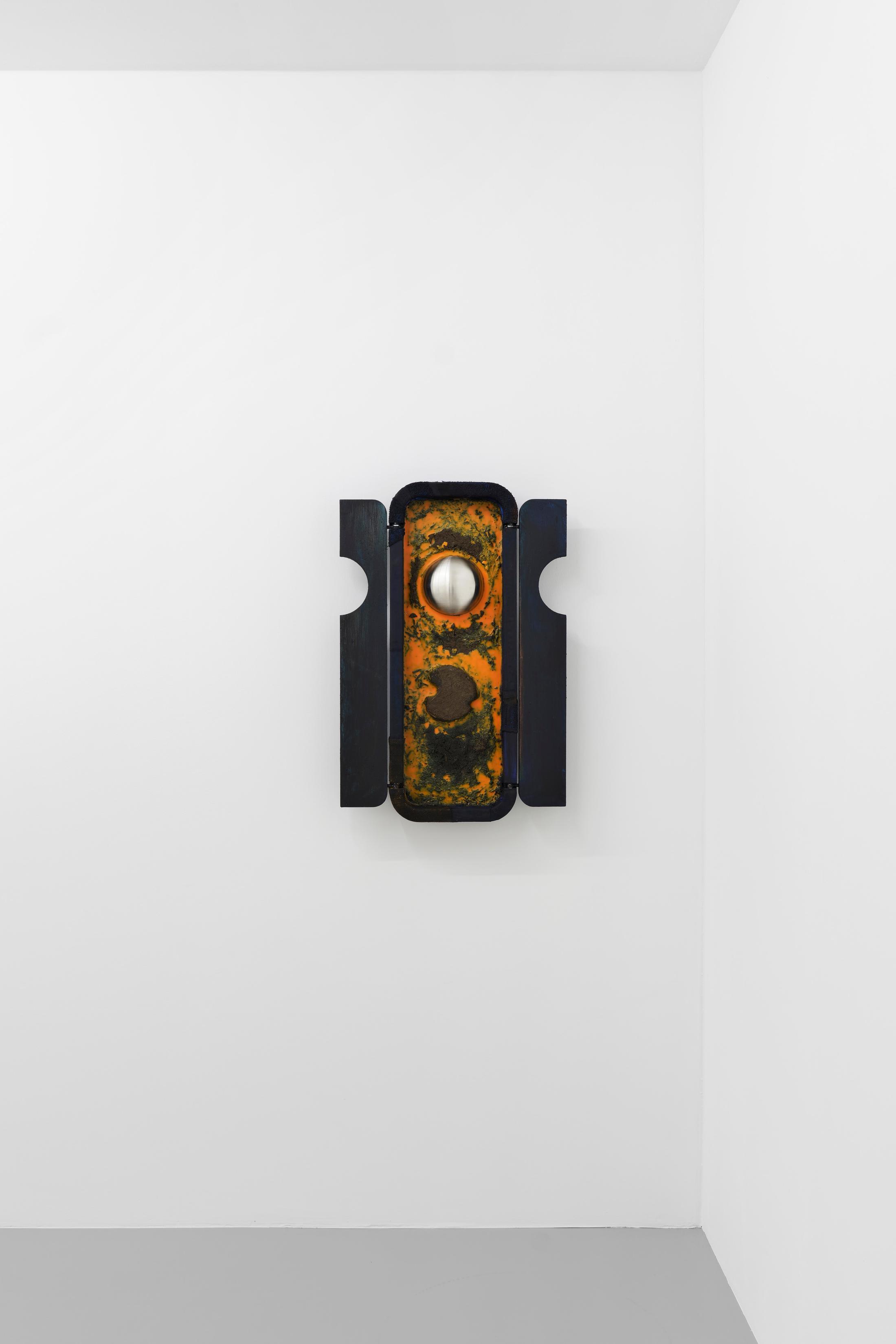 Exhibition View Pedro Wirz Solo Show «Tooth of a Giant; view on Pedro Wirz, Bridges (orange), 2020, Beeswax, textile debris, soil, iron, acrylic on wood, 100 x 53 x 9.5 cm (open) / 100 x 30 x 9.5 cm (closed)» at GALERIE PHILIPPZOLLINGER, Zurich, 2020 / Photo: Conradin Frei / Courtesy: the artist and GALERIE PHILIPPZOLLINGER