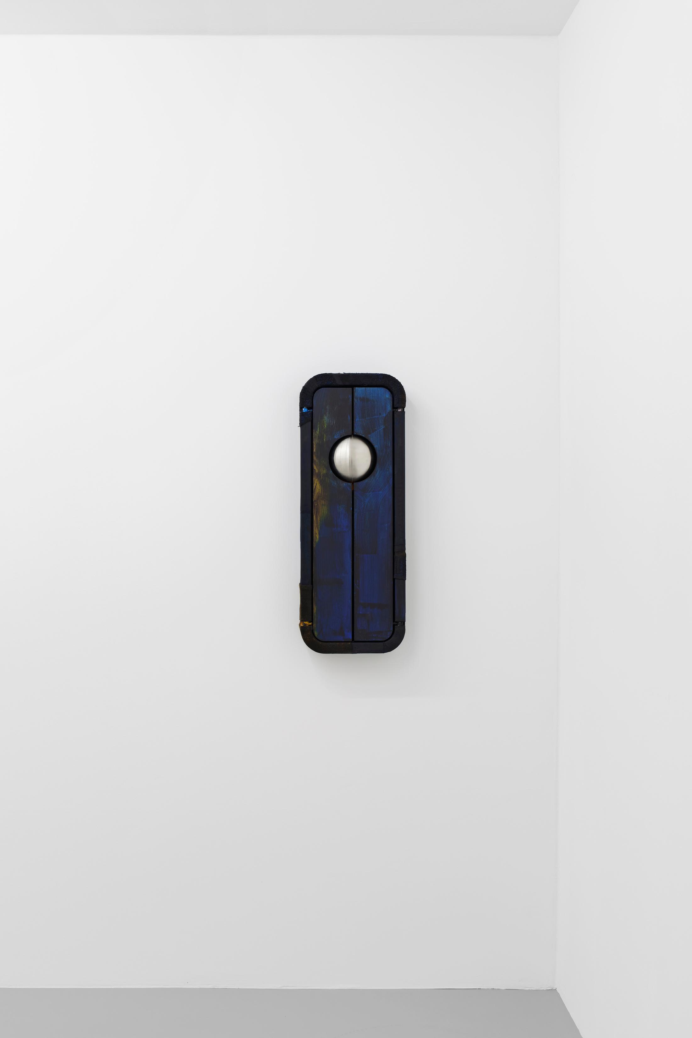 Exhibition View Pedro Wirz Solo Show «Tooth of a Giant; view on Pedro Wirz, Bridges (orange), 2020, Beeswax, textile debris, soil, iron, acrylic on wood, 100 x 53 x 9.5 cm (open) / 100 x 30 x 9.5 cm (closed)» at GALERIE PHILIPPZOLLINGER, Zurich, 2020 / Photo: Conradin Frei / Courtesy: the artist and GALERIE PHILIPPZOLLINGER