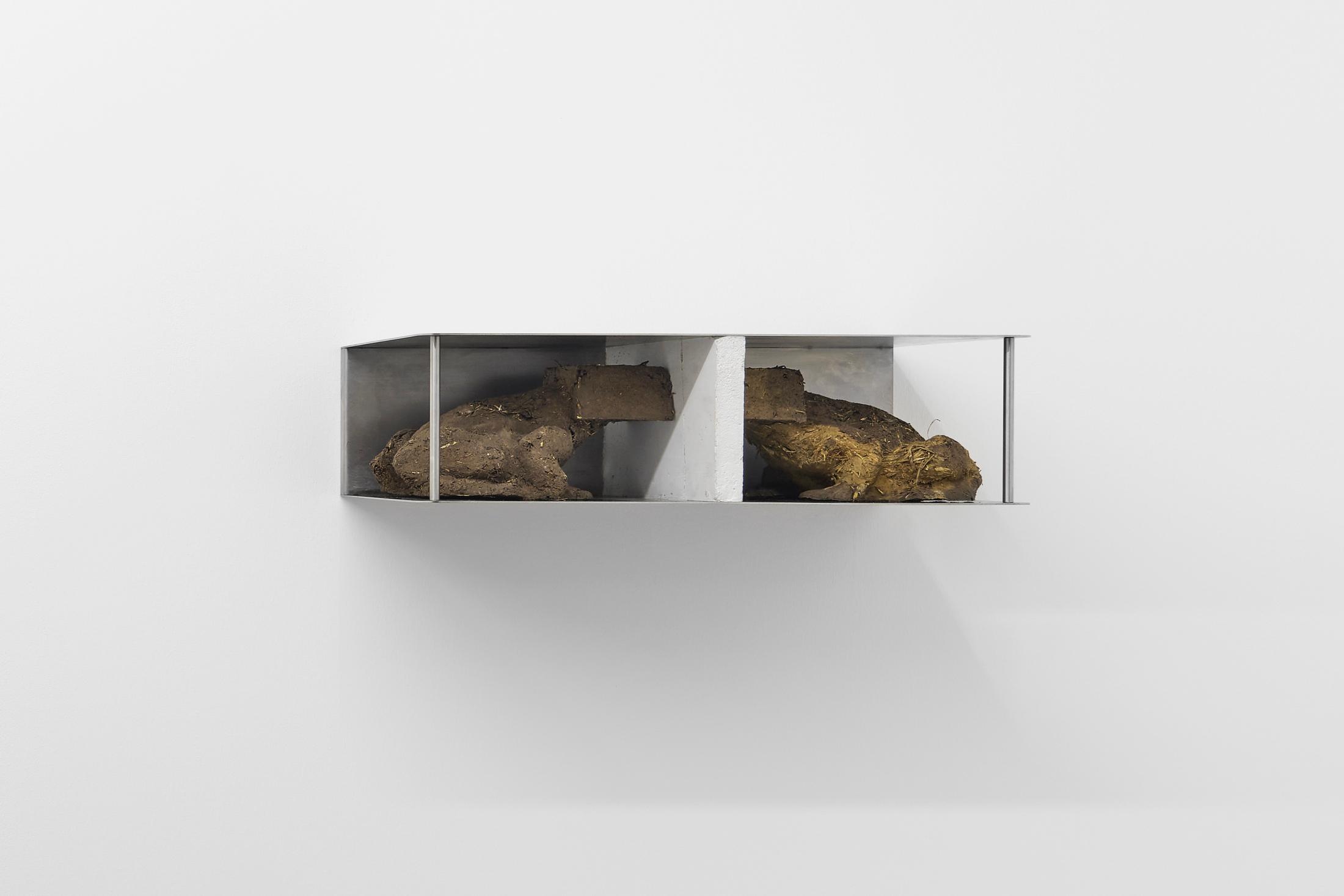 Exhibition View Pedro Wirz Solo Show «Tooth of a Giant; view on Pedro Wirz, Birds are Books, 2020, Chrome steel, clay, humus, hay, acrylic binder, 17.5 x 63 x 32 cm, Ed. of 3» at GALERIE PHILIPPZOLLINGER, Zurich, 2020 / Photo: Conradin Frei / Courtesy: the artist and GALERIE PHILIPPZOLLINGER