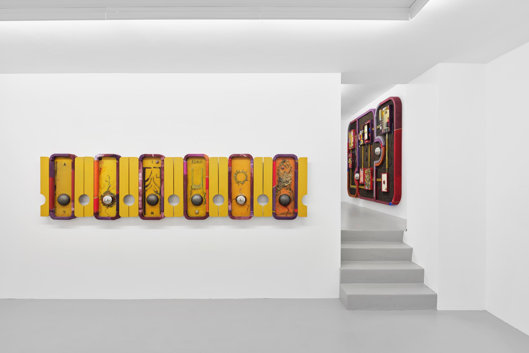 Exhibition View Pedro Wirz Solo Show «Tooth of a Giant; view on Pedro Wirz, Knowledge Units #1 to #6, 2020, Beeswax, textile debris, concrete cast, iron, acrylic on wood, 100 x 53 x 9.5 cm, (open), 100 x 30 x 9.5 cm (closed), each» at GALERIE PHILIPPZOLLINGER, Zurich, 2020 / Photo: Conradin Frei / Courtesy: the artist and GALERIE PHILIPPZOLLINGER