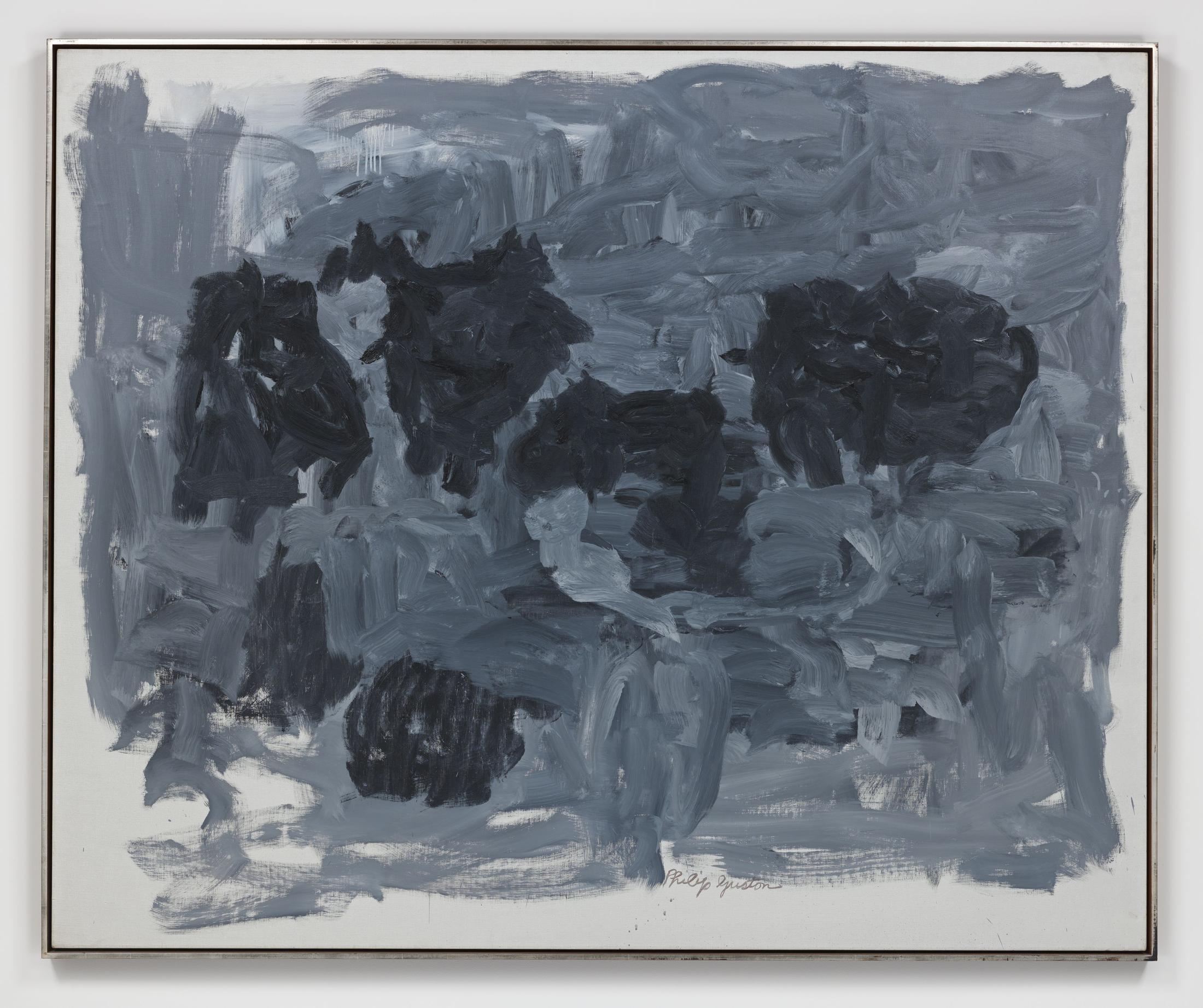 Exhibition View Philip Guston Solo Show «Transformation; view on Philip Guston, Group II, 1964, Oil on canvas, 165.4 x 201 cm» at Hauser & Wirth, St. Moritz, 2020 / © The Estate of Philip Guston / Photo: Genevieve Hanson / Courtesy: the Estate and Hauser & Wirth