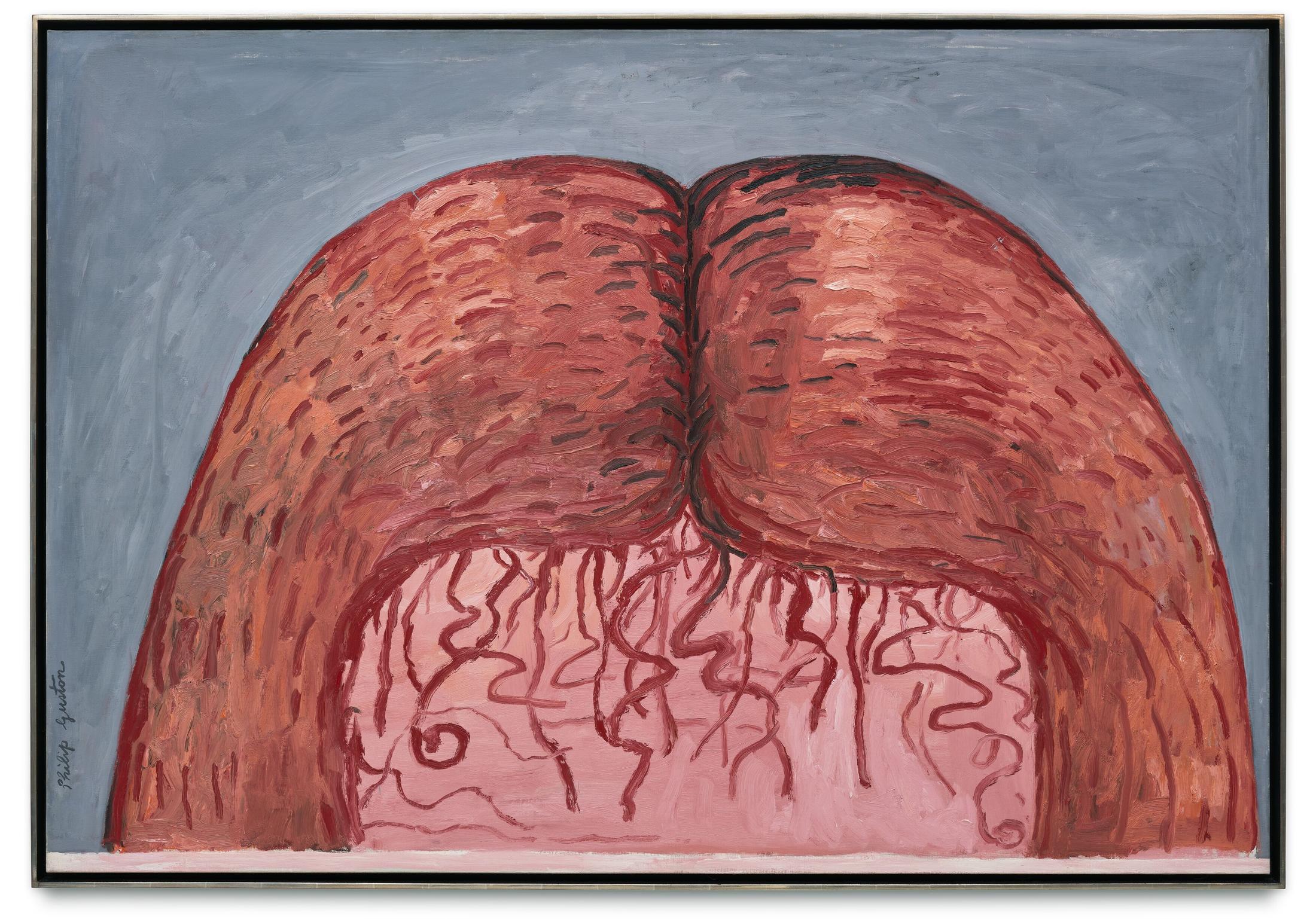 Exhibition View Philip Guston Solo Show «Transformation; view on Philip Guston, Musa, 1975, Oil on canvas, 122.5 x 178.4 cm» at Hauser & Wirth, St. Moritz, 2020 / © The Estate of Philip Guston / Photo: Jon Etter / Courtesy: the Estate and Hauser & Wirth