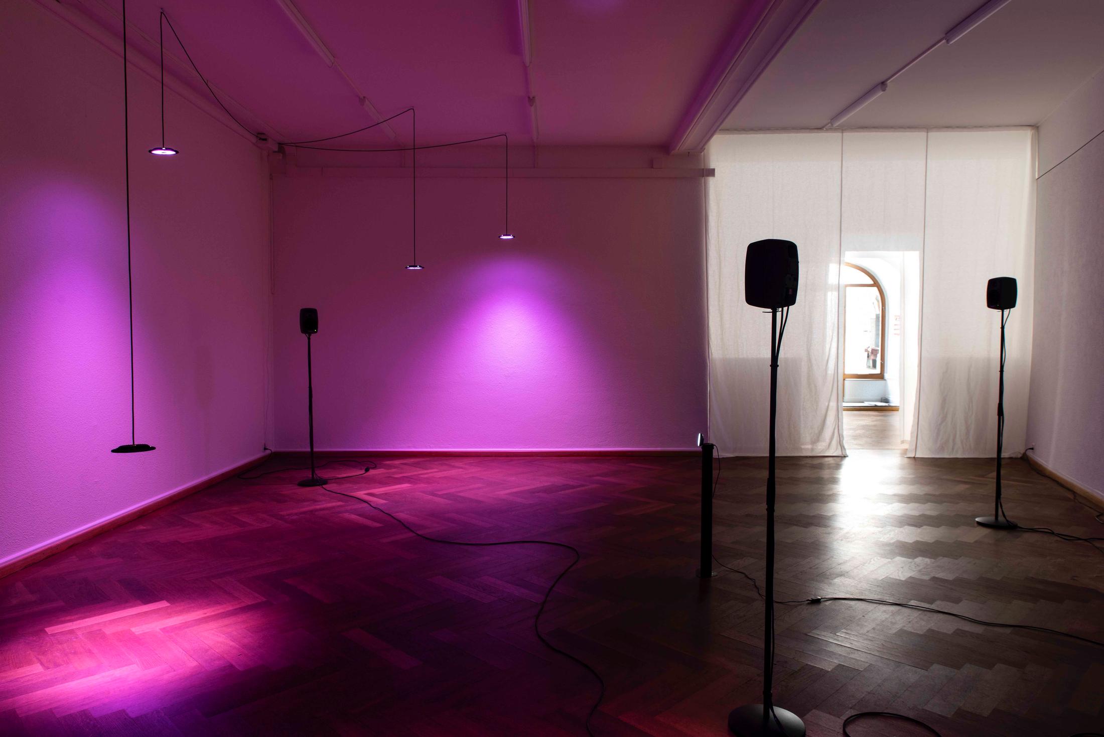 Exhibition View Philip Ortelli and Sandar Tun Tun Duo Show «Casting Shades at New Moon; view on Sandar Tun Tun, Synthia, 2021, Sound installation» at KRONE COURONNE, Biel, 2021 / Photo: James Bantone / Courtesy: artists and KRONE COURONNE Biel