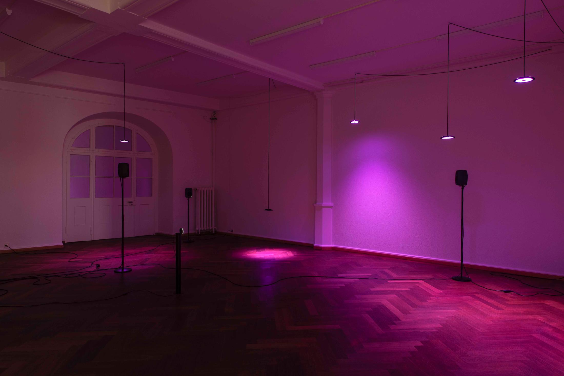 Exhibition View Philip Ortelli and Sandar Tun Tun Duo Show «Casting Shades at New Moon; view on Sandar Tun Tun, Synthia, 2021, Sound installation» at KRONE COURONNE, Biel, 2021 / Photo: James Bantone / Courtesy: artists and KRONE COURONNE Biel