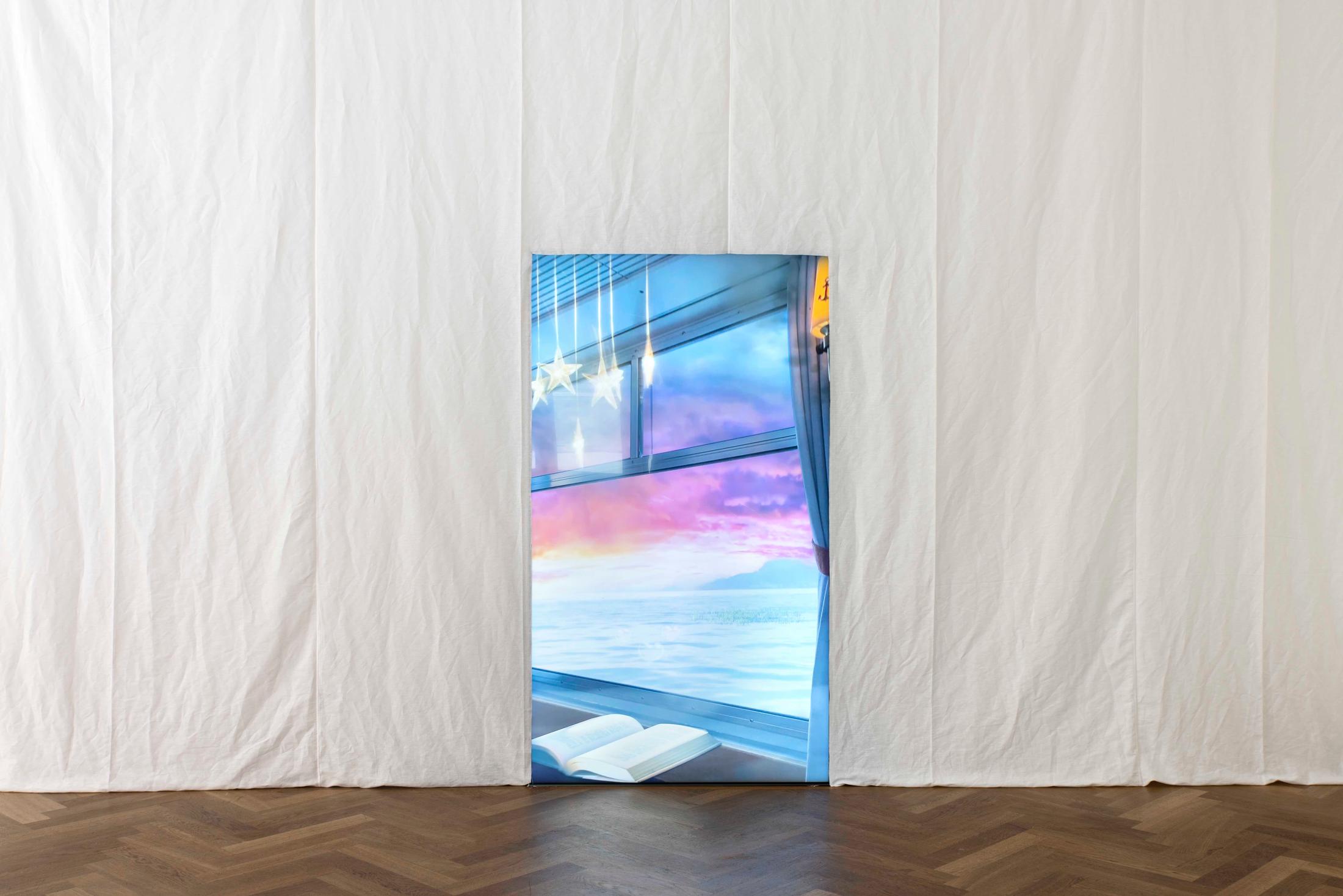 Exhibition View Philip Ortelli and Sandar Tun Tun Duo Show «Casting Shades at New Moon; view on Philip Ortelli, Bad Weather and Class Struggle, Vertical 4k-video, silent animation with quote by Richard Siken, 2021» at KRONE COURONNE, Biel, 2021 / Photo: James Bantone / Courtesy: artists and KRONE COURONNE Biel