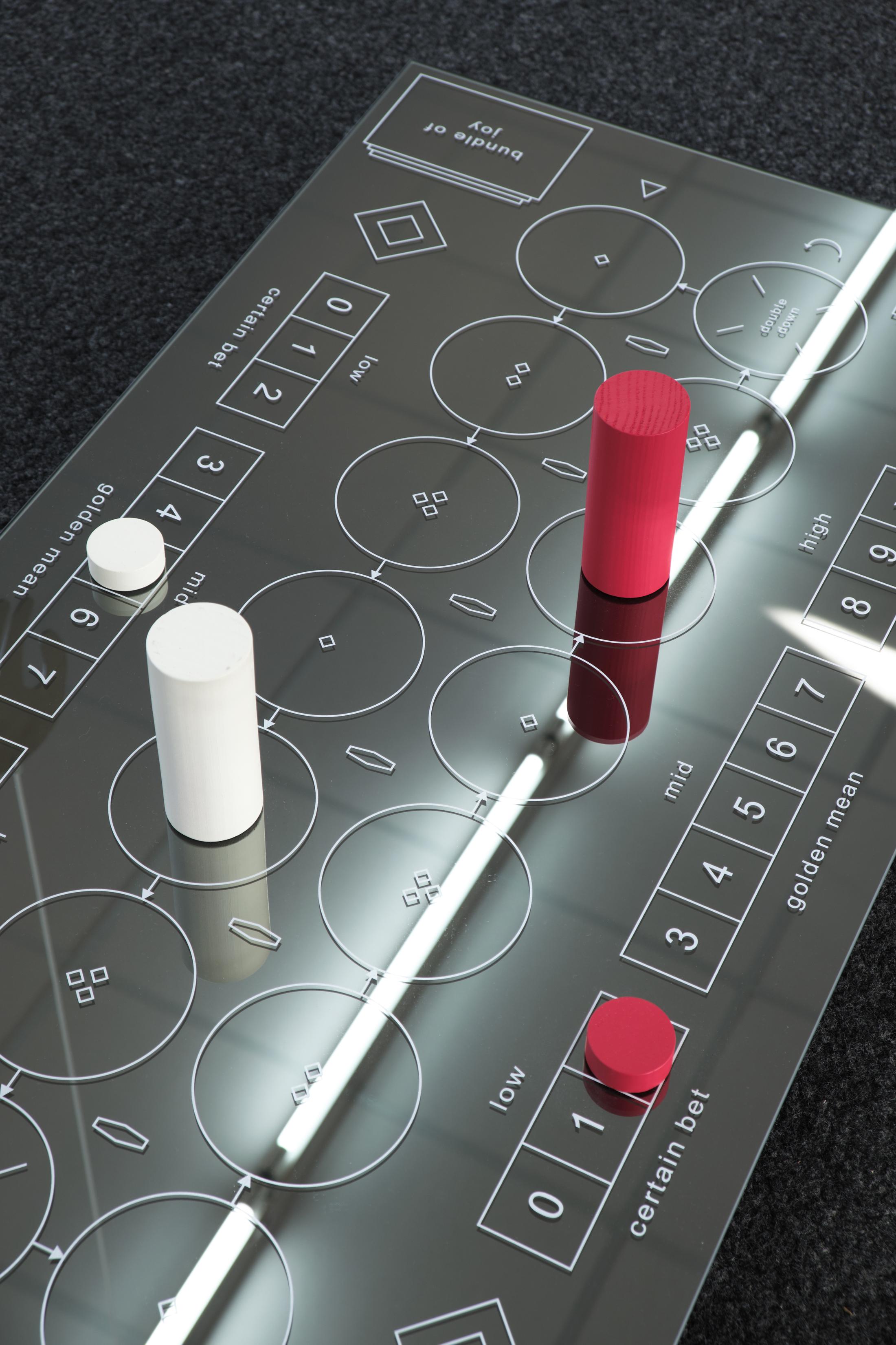 Exhibition View Philip Ullrich Solo Show «Remmidemmi in der Spielhölle (The Game Show); view on Philip Ullrich, at play (what are the odds), 2023, screen print on mirror, painted wood, metal, paracord mirror: 50 x 95 x 0.4 cm, with hands: dimensions variable» at unanimous consent, Zurich, 2023 / Photo: Philip Ullrich / Courtesy: the artist and unanimous consent