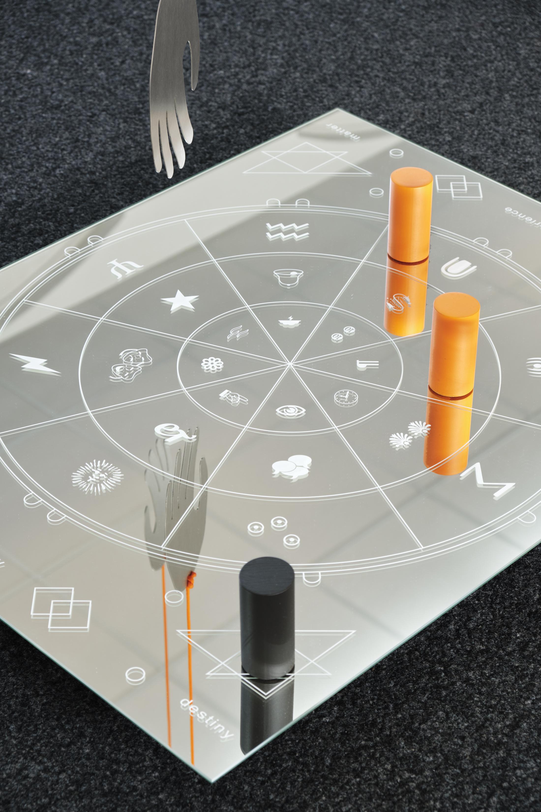 Exhibition View Philip Ullrich Solo Show «Remmidemmi in der Spielhölle (The Game Show); view on Philip Ullrich, at play (spiritual connection), 2023, screen print on mirror, painted wood, metal, paracord mirror: 77 x 61 x 0.4 cm, with hands: dimensions variable» at unanimous consent, Zurich, 2023 / Photo: Philip Ullrich / Courtesy: the artist and unanimous consent