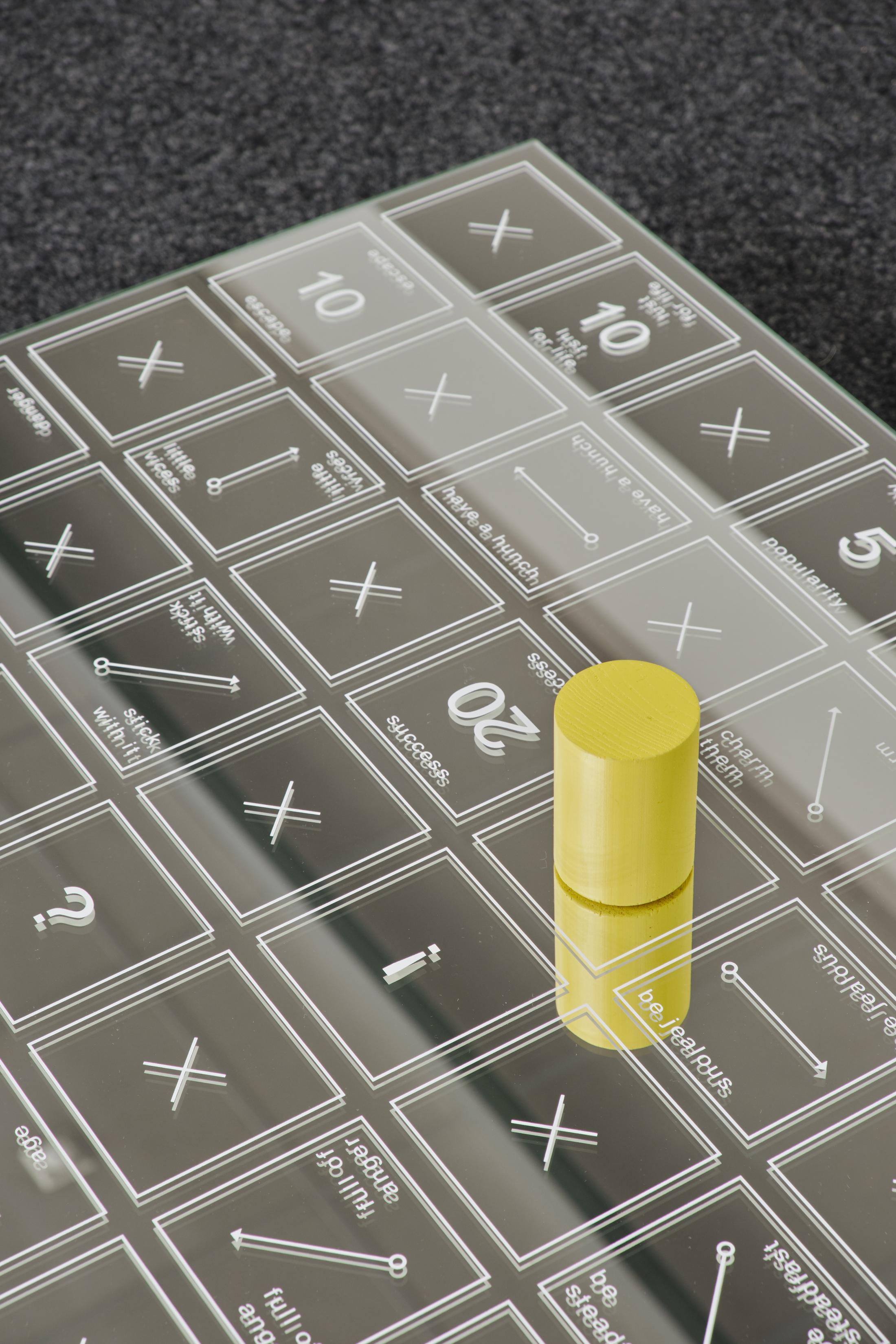 Exhibition View Philip Ullrich Solo Show «Remmidemmi in der Spielhölle (The Game Show); view on Philip Ullrich, at play (crossing a line), 2023, screen print on mirror, painted wood, metal, paracord mirror: 60 x 90 x 0.4 cm, with hands: dimensions variable» at unanimous consent, Zurich, 2023 / Photo: Philip Ullrich / Courtesy: the artist and unanimous consent