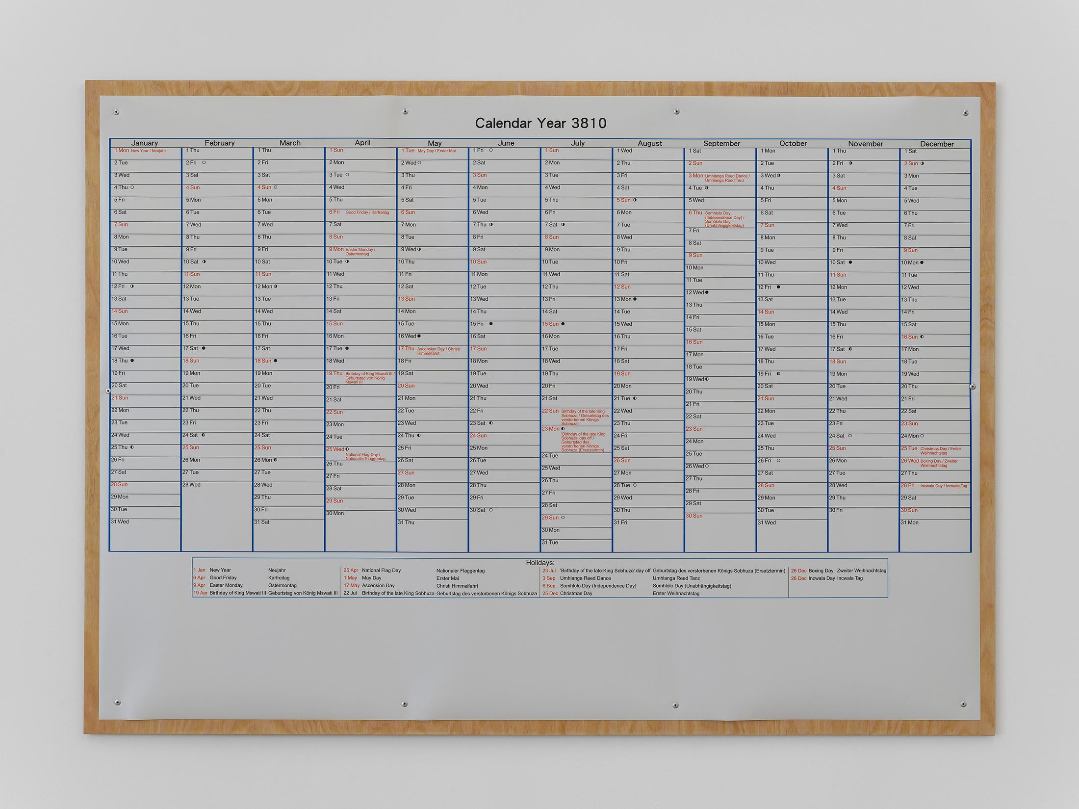 Exhibition View Philipp Simon Solo Show «Incomplete Nature; view on Philipp Simon, Year 3810, UV Print, Paper, Wood, Rivets, 122 × 89 cm, 2022» at Kirchgasse Gallery, Steckborn, 2022 / Photo: Cedric Mussano / Courtesy: the artist and Kirchgasse Gallery