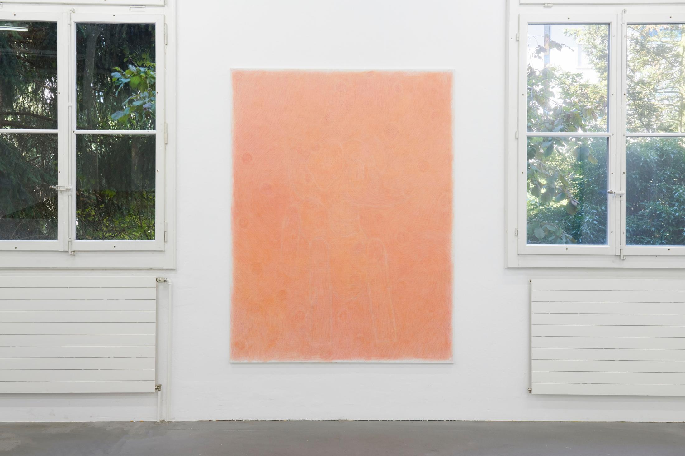 Exhibition View Groupshow «Plattform20; view on Melanie Akeret, rot, orange, braun ?, 2020, Coloured pencils on canvas, 190 x 145cm» at Fri Art, Fribourg, 2020 / Photo: © Guillaume Python / Courtesy: the artists and Fri Art