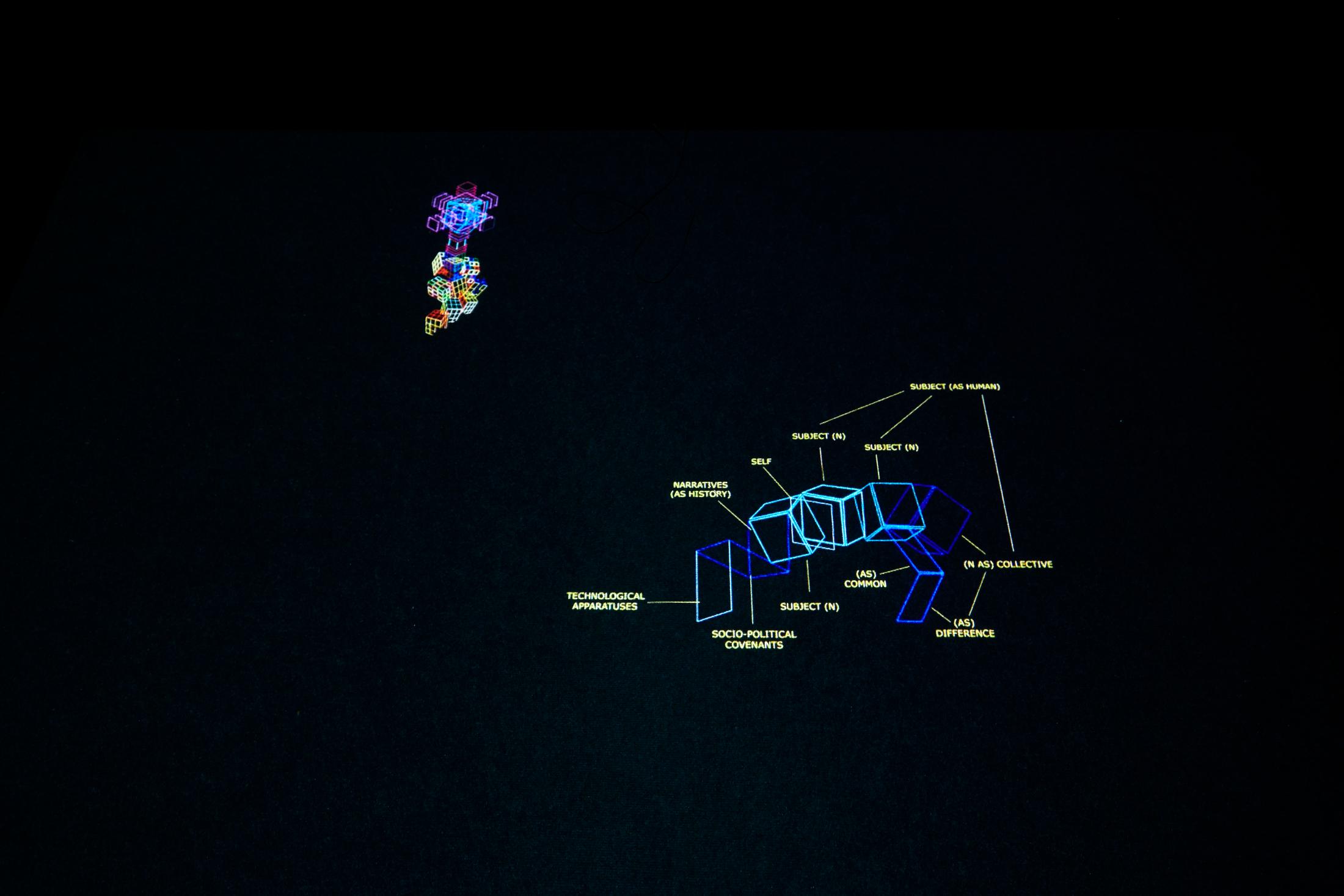 Exhibition View Groupshow «Plattform20; view on Laila Torres Mendieta, A Viral Poem / To Destroy a World – (through) – The Scales of Everything, 2015-2020, Video installation» at Fri Art, Fribourg, 2020 / Photo: © Guillaume Python / Courtesy: the artists and Fri Art