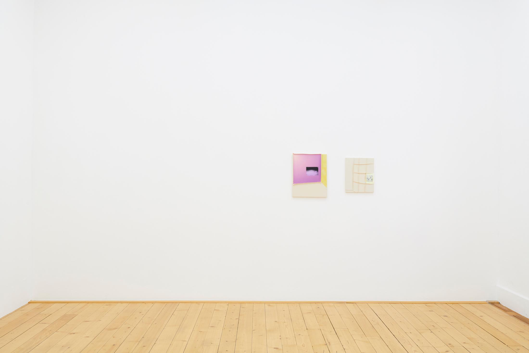 Exhibition View Groupshow «Plattform20; view on Anita Semadeni, secca scatuli. die Staubmaus, 2020, acrylic, colour pencil, photograph and resin on cotton, 40 × 50 cm and i’ll wait for you at the corner. oder wie sich bakterien der milch in ketten vermehren., 2020, acrylic, encaustic and photograph on cotton, 33 × 40 cm» at Fri Art, Fribourg, 2020 / Photo: © Guillaume Python / Courtesy: the artists and Fri Art