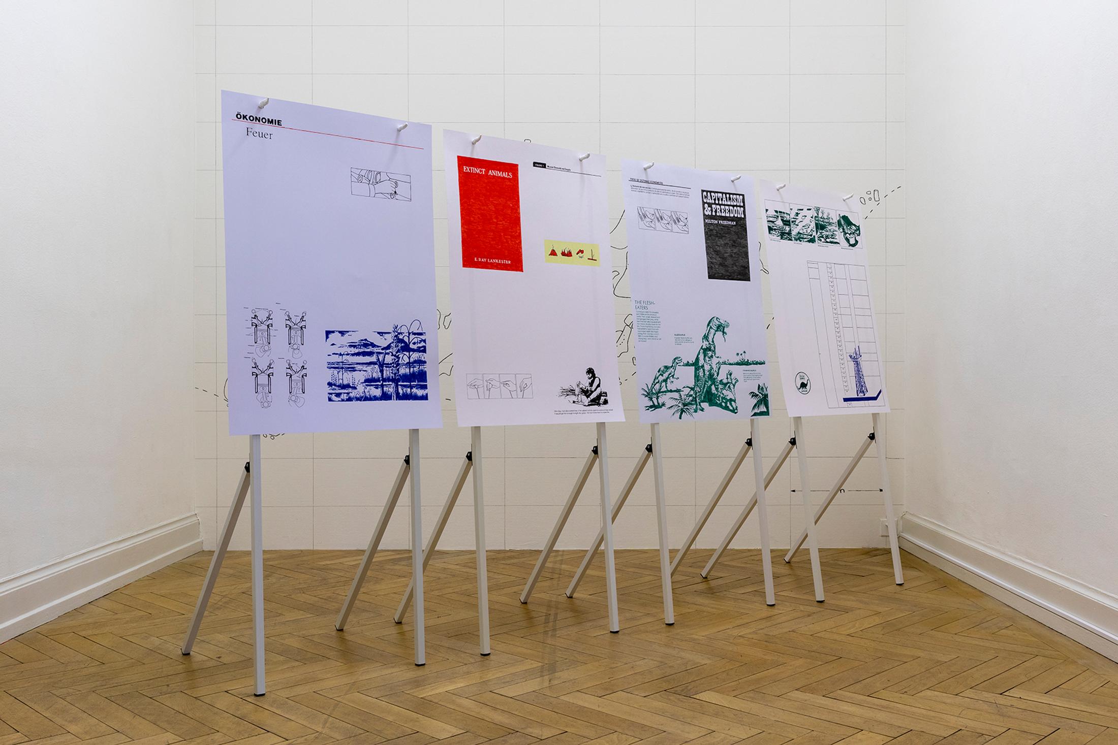 Exhibition View Group Show «Plattform22, view on Lourenço Soares, lipcharts (cars, dinosaurs, free markets), 2022» at Kunsthalle Palazzo, Liestal, 2022 / Photo: Guadalupe Ruiz / Courtesy: the artists and Kunsthalle Palazzo