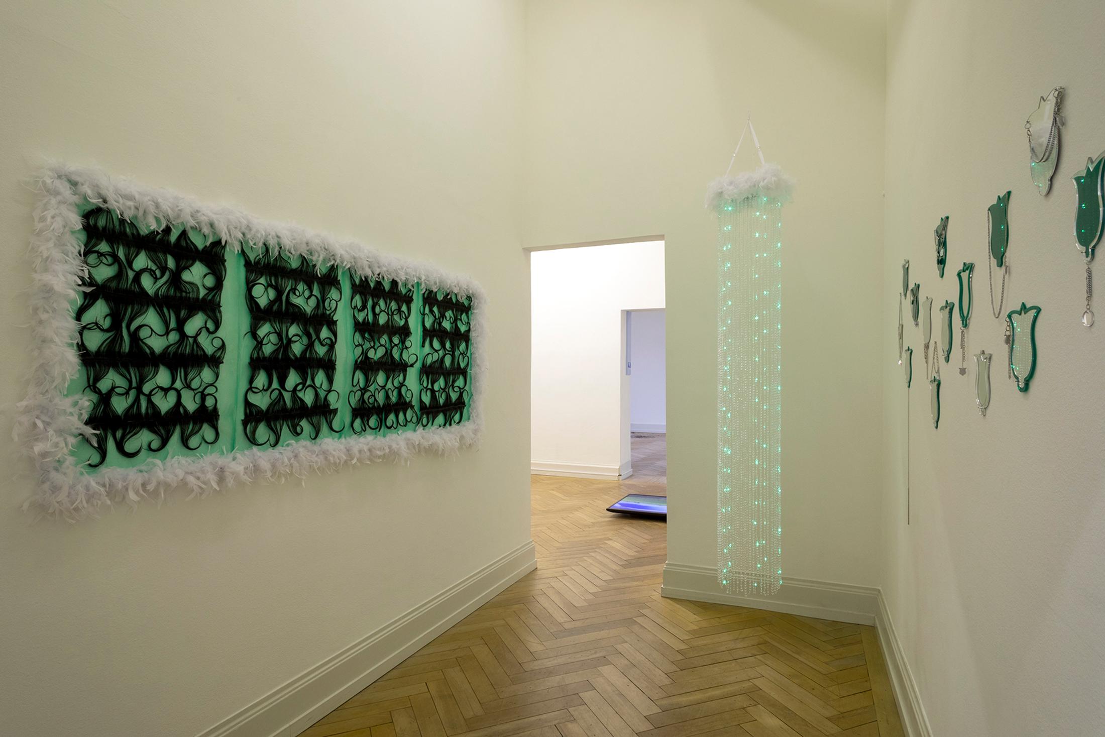 Exhibition View Group Show «Plattform22, view on Alexandra Shéhérazade Salem, a goddess knows she is pure light cuz she transformed shadows, 2022» at Kunsthalle Palazzo, Liestal, 2022 / Photo: Guadalupe Ruiz / Courtesy: the artists and Kunsthalle Palazzo
