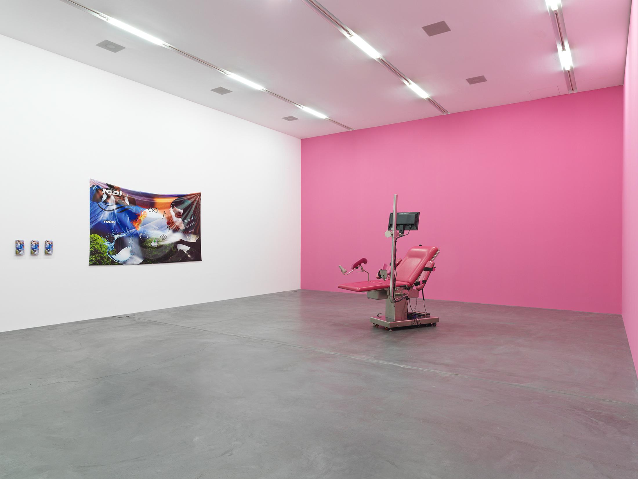 Exhibition View Groupshow «Producing Futures ; view on Tabita Rezaire, Sugar Walls Teardom, 2016, (Courtesy the artist and Goodman Gallery, Johannesburg) and MALAXA, Flag for God, 2016/19, (Courtesy the artists)» at Migros Museum, Zurich / Photo: Lorenzo Pusterla