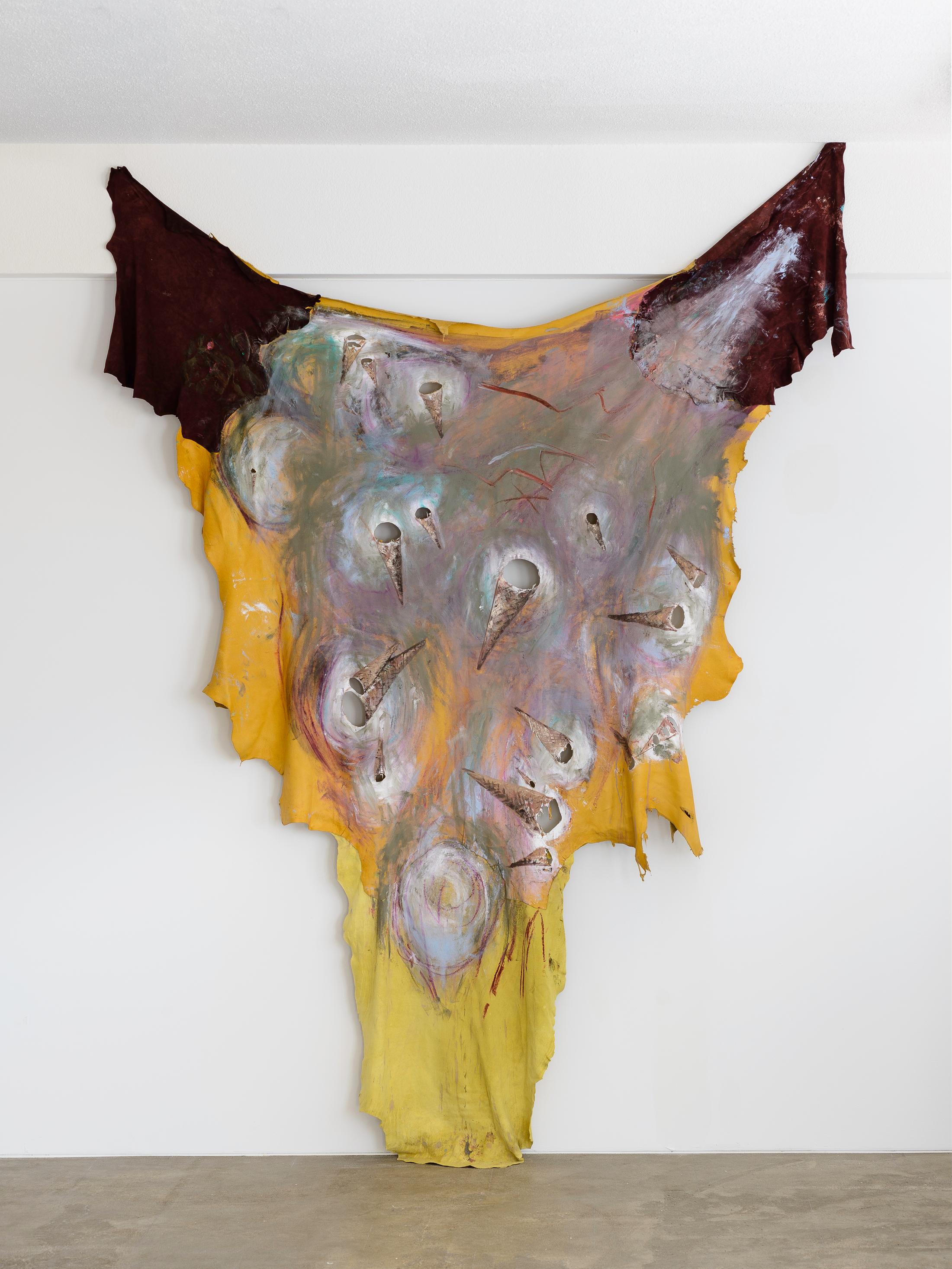 Exhibition View Raphaela Vogel Solo Show «Vor den Toren der Sprache; view on Raphaela Vogel, Ein Nichts an der Waffel (groß), 2022, Leather, oil paint, leather glue 270 x 190 cm » at Galerie Gregor Staiger, Zurich, 2022 / Photo and Courtesy: the artist and Galerie Gregor Staiger