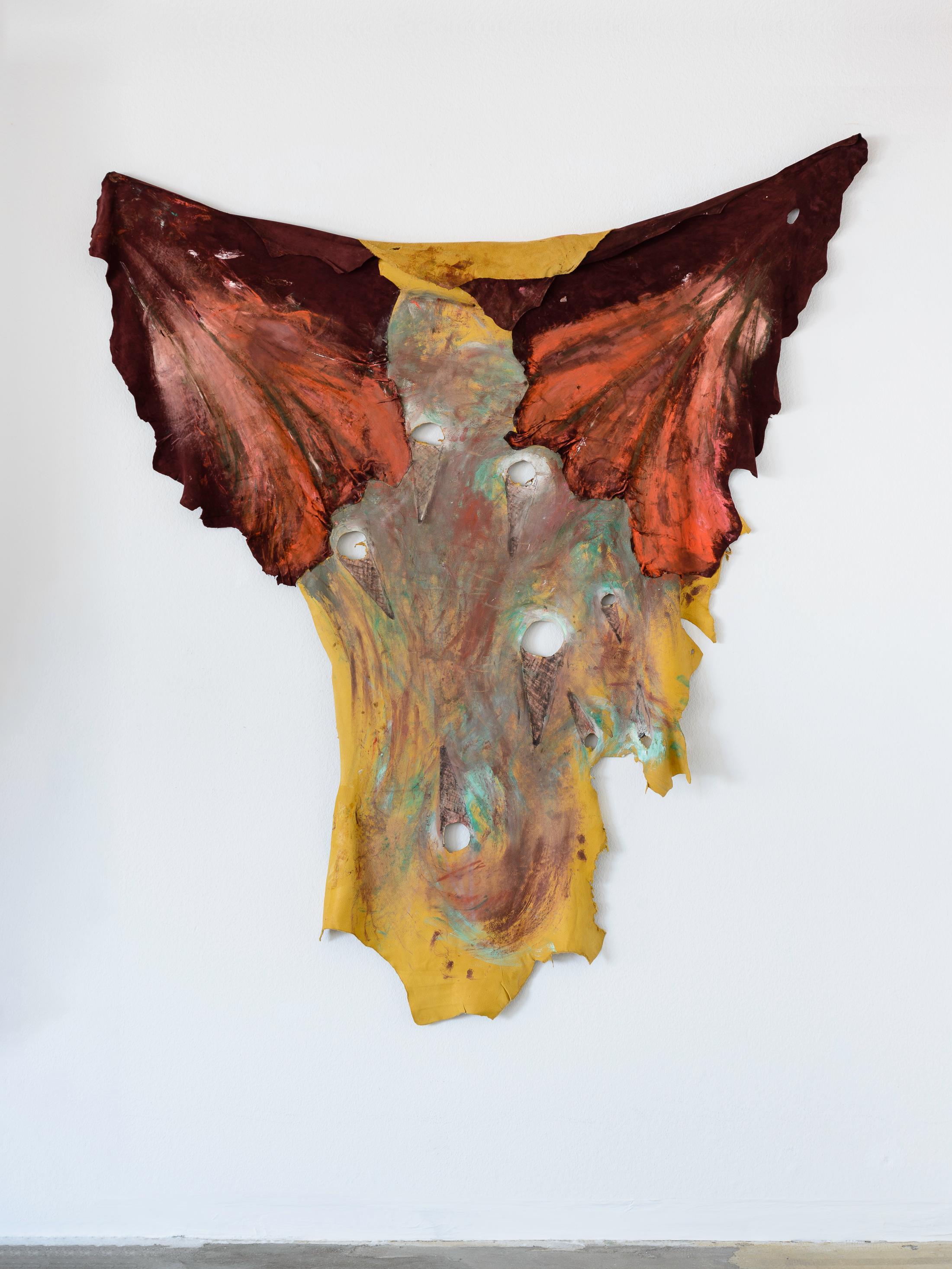 Exhibition View Raphaela Vogel Solo Show «Vor den Toren der Sprache; view on Raphaela Vogel, Ein Nichts an der Waffel (klein), 2022,  Leather, oil paint, leather glue, 159.5 x 141 cm  » at Galerie Gregor Staiger, Zurich, 2022 / Photo and Courtesy: the artist and Galerie Gregor Staiger