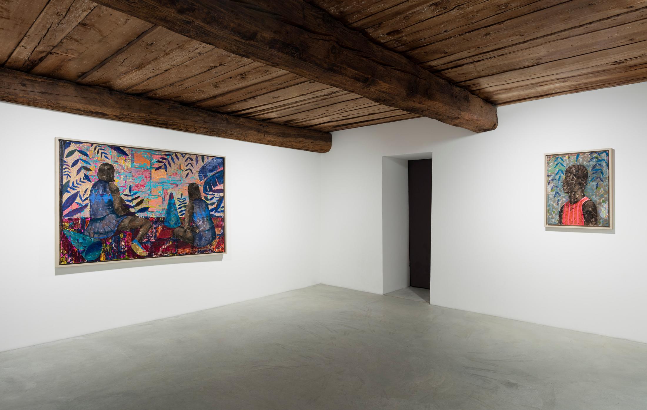 Installation View Derek Fordjour Groupshow "Reinventing the Figure" at Galleria Monica De Cardenas / Courtesy: the gallery and the artists