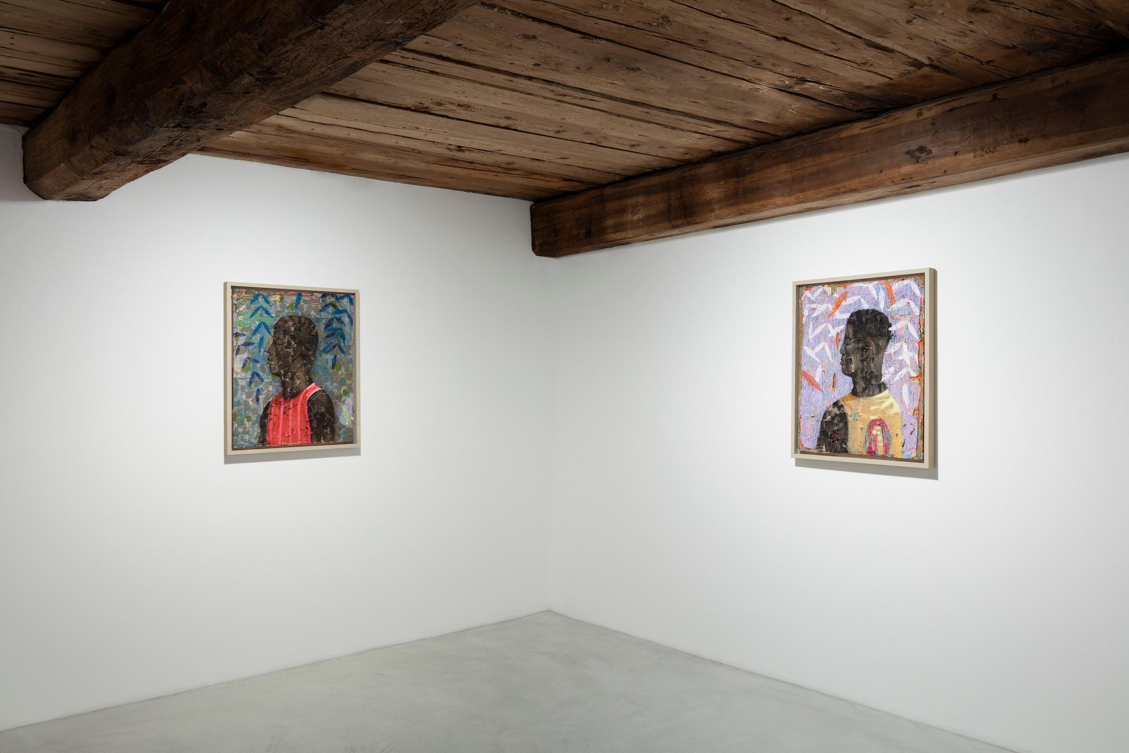 Installation View Derek Fordjour Groupshow "Reinventing the Figure" at Galleria Monica De Cardenas / Courtesy: the gallery and the artists