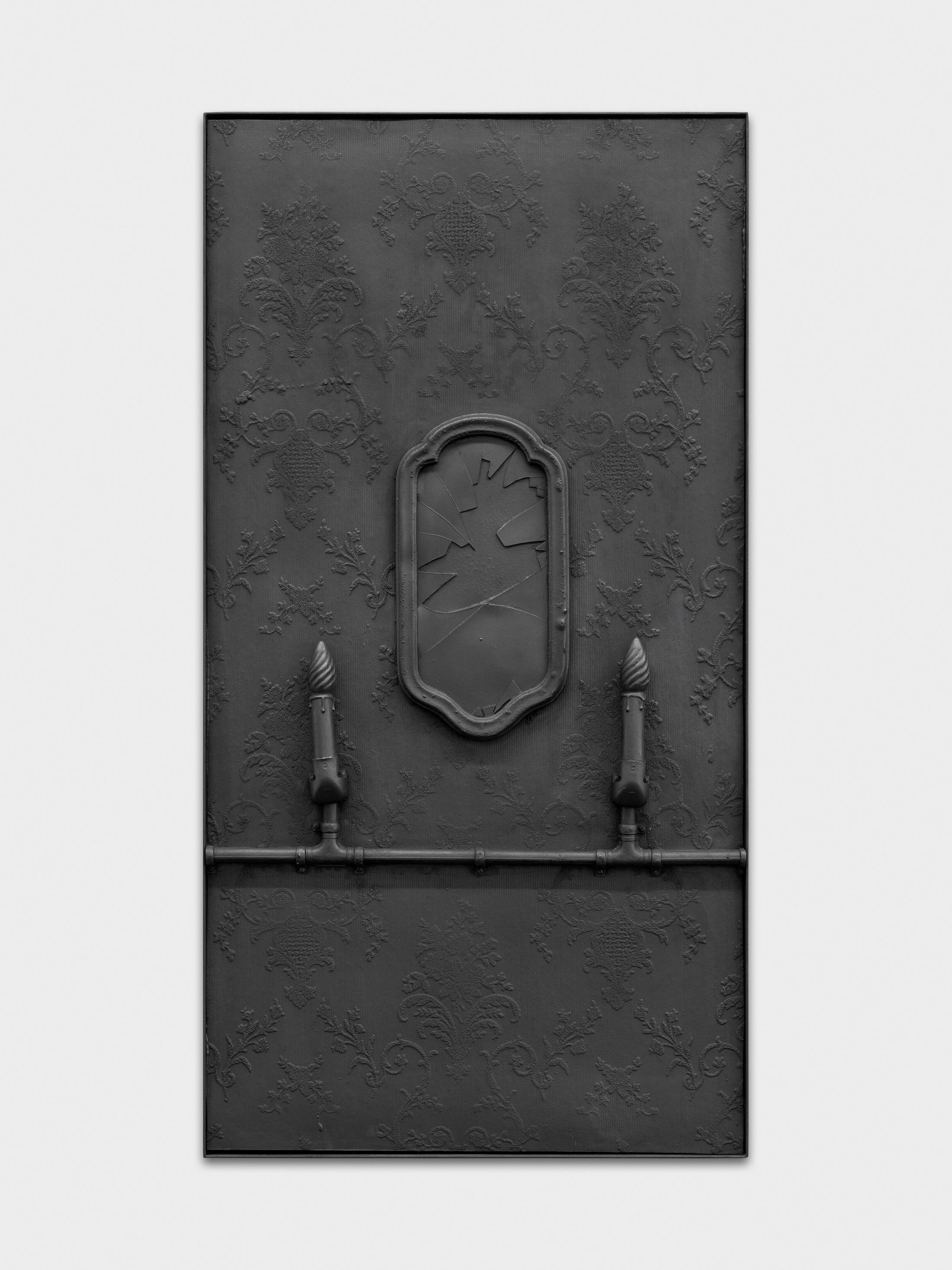 Exhibition View Rico Weber Soloshow «Silver Dust; view on Rico Weber, Zerbrochene Spiegel, 1993, acrylicresin, silicone, metal, 115x60cm» at Galerie Maria Bernheim, Zurich, 2020 / Photo: Annik Wetter / Courtesy: Galerie Maria Bernheim