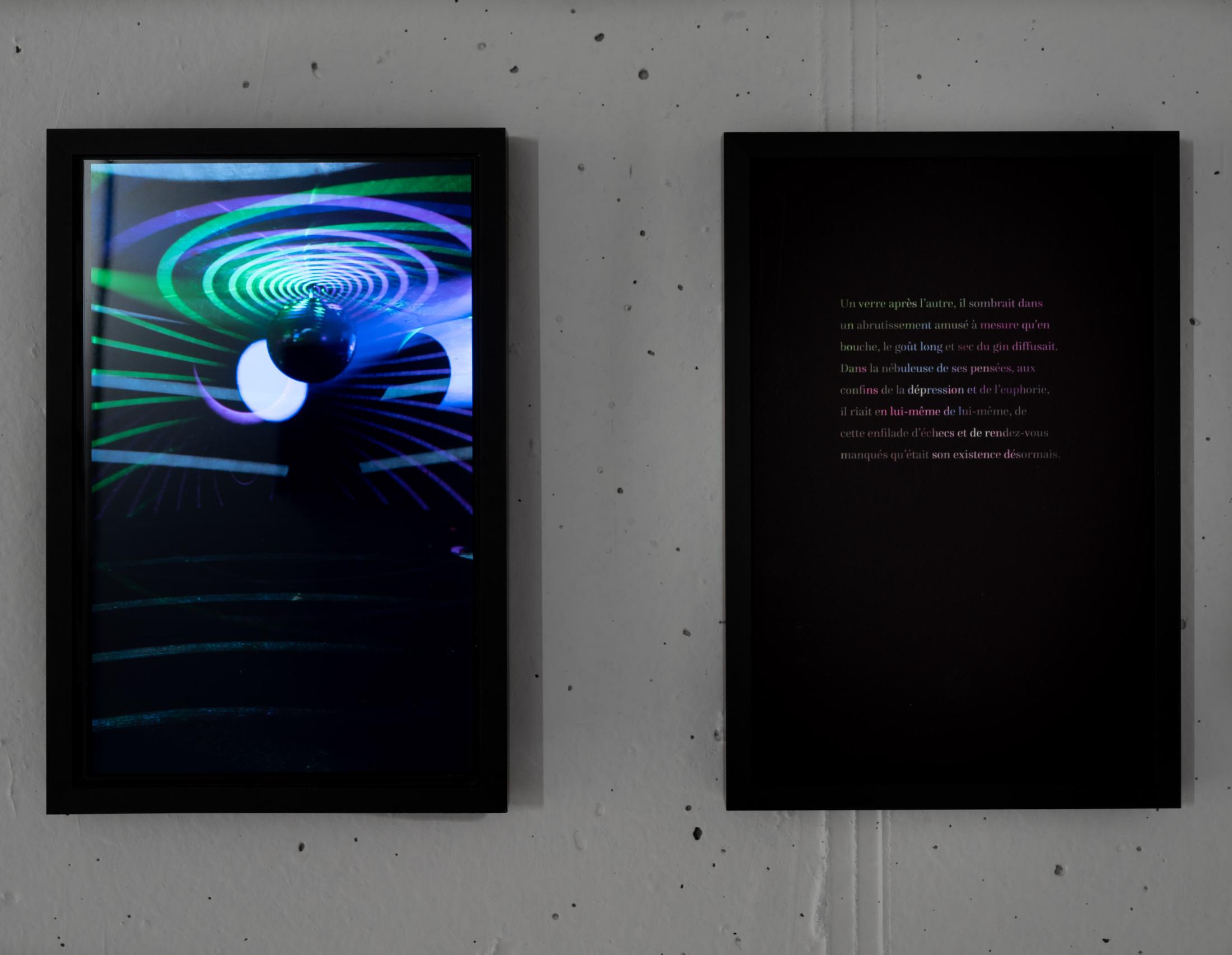 Exhibition View Rinny Gremaud and Mathieu Bernard Soloshow «Splendide; view on Splendid, 2019 video + text» at Galerie Heinzer Reszler, Lausanne, 2019 / Photo: Julien Gremaud / Courtesy: the artist and Heinzer Reszler