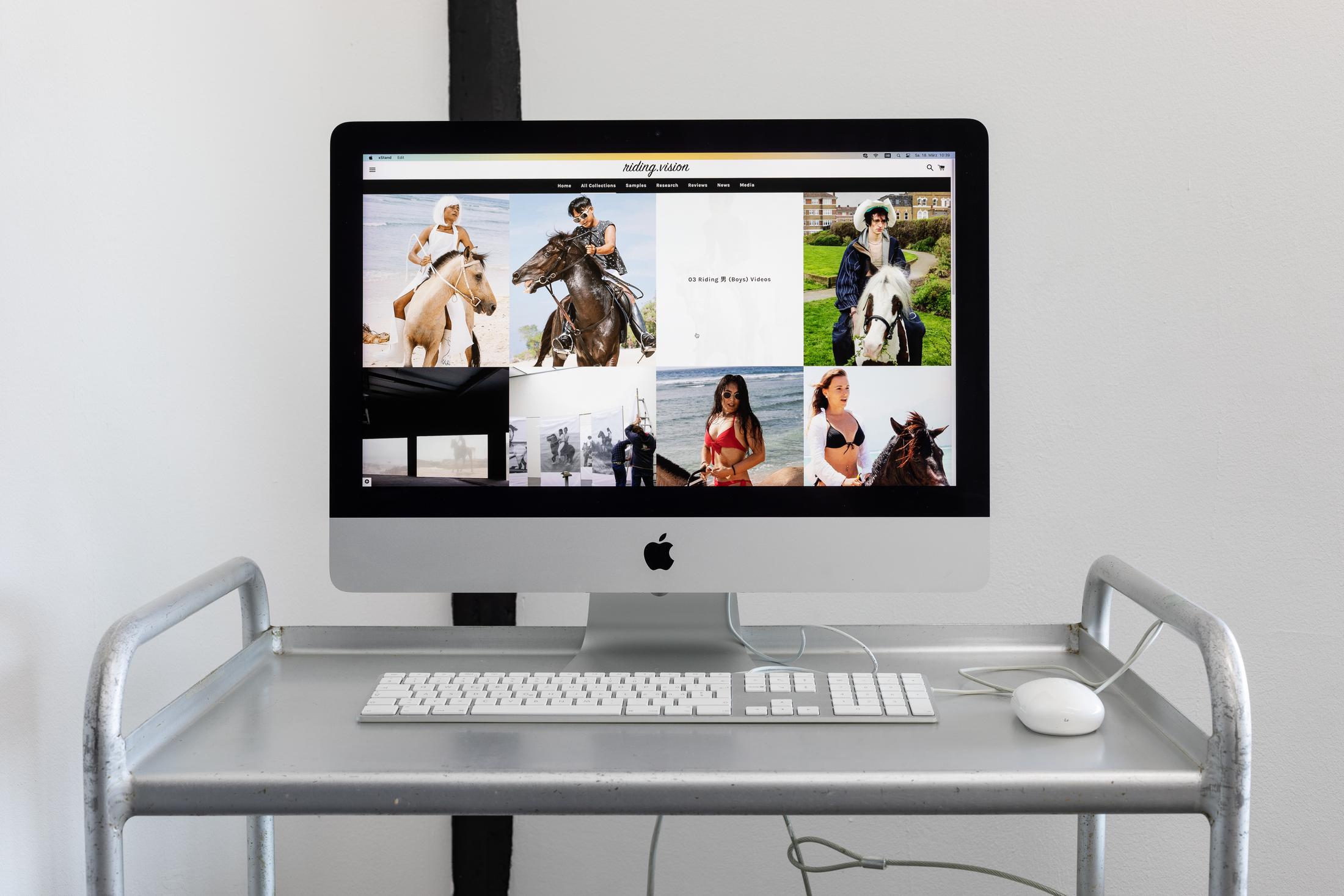 Exhibition View Duo Show «Robert Estermann and Oz Oderbolz; view on Robert Estermann, Riding.Vision Info Desk (detail), 2016–ongoing, trolley, computer display with online concept store» at Last Tango, Zurich, 2023 / Photo: Kilian Bannwart / Courtesy: the artist and Last Tango