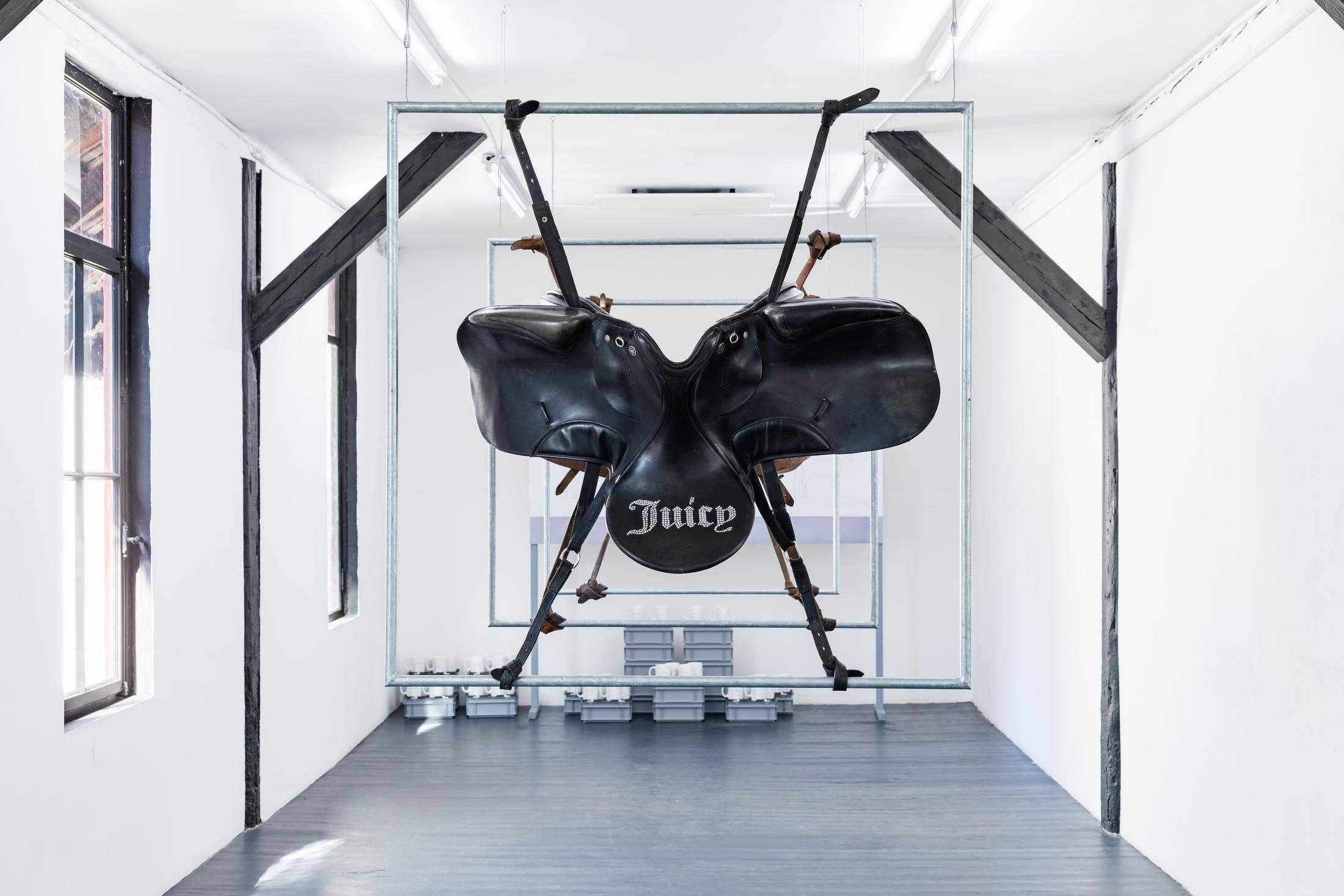 Exhibition View Duo Show «Robert Estermann and Oz Oderbolz; view on Oz Oderbolz, Juicy, 2023, metal, leather saddle, rhinestones, leather, 116 x 115 x 50 cm» at Last Tango, Zurich, 2023 / Photo: Kilian Bannwart / Courtesy: the artist and Last Tango