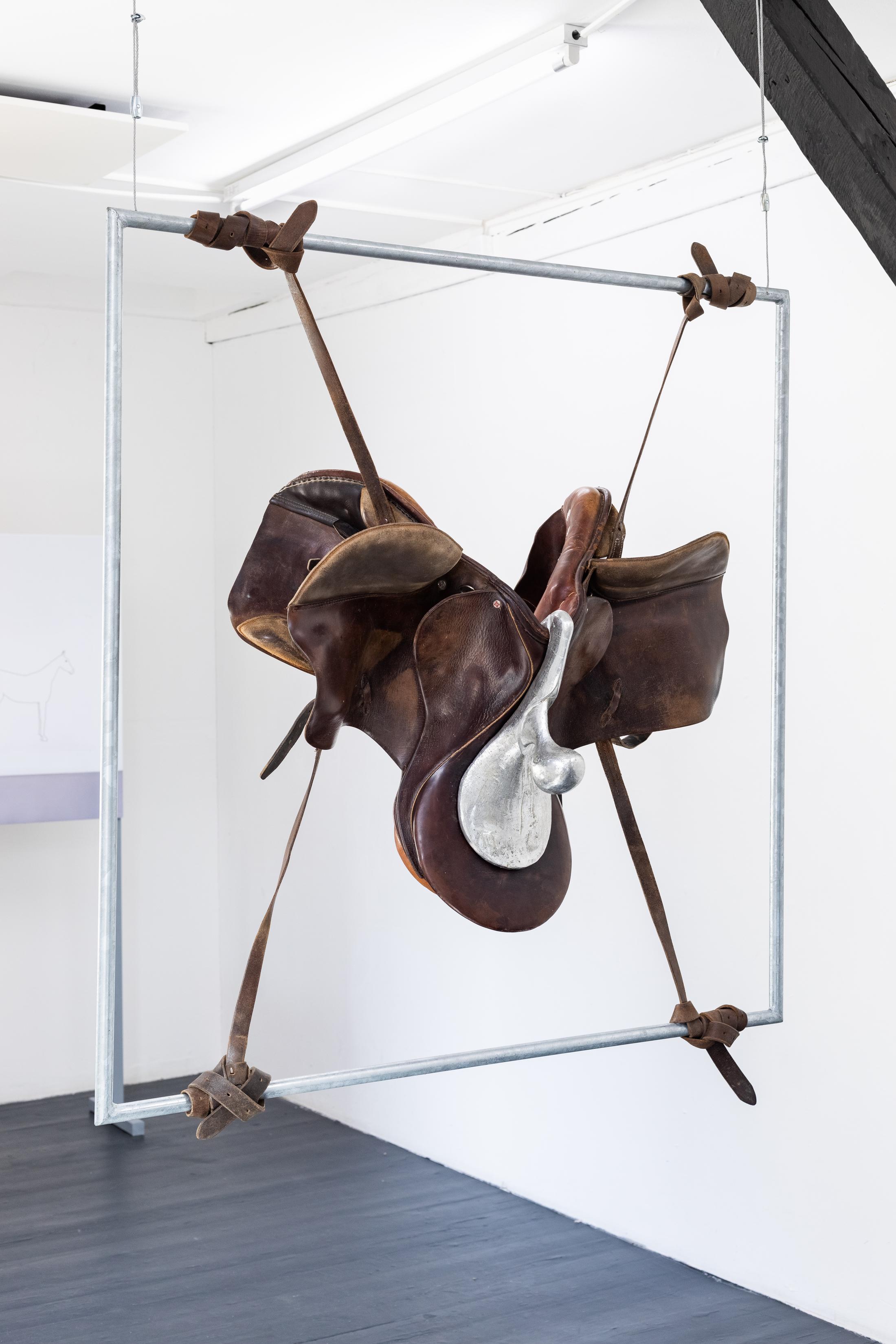 Exhibition View Duo Show «Robert Estermann and Oz Oderbolz; view on Oz Oderbolz, Hell Rider, 2023, metal, leather saddle, tin, truss-head screws, 116 x 115 x 50 cm» at Last Tango, Zurich, 2023 / Photo: Kilian Bannwart / Courtesy: the artist and Last Tango