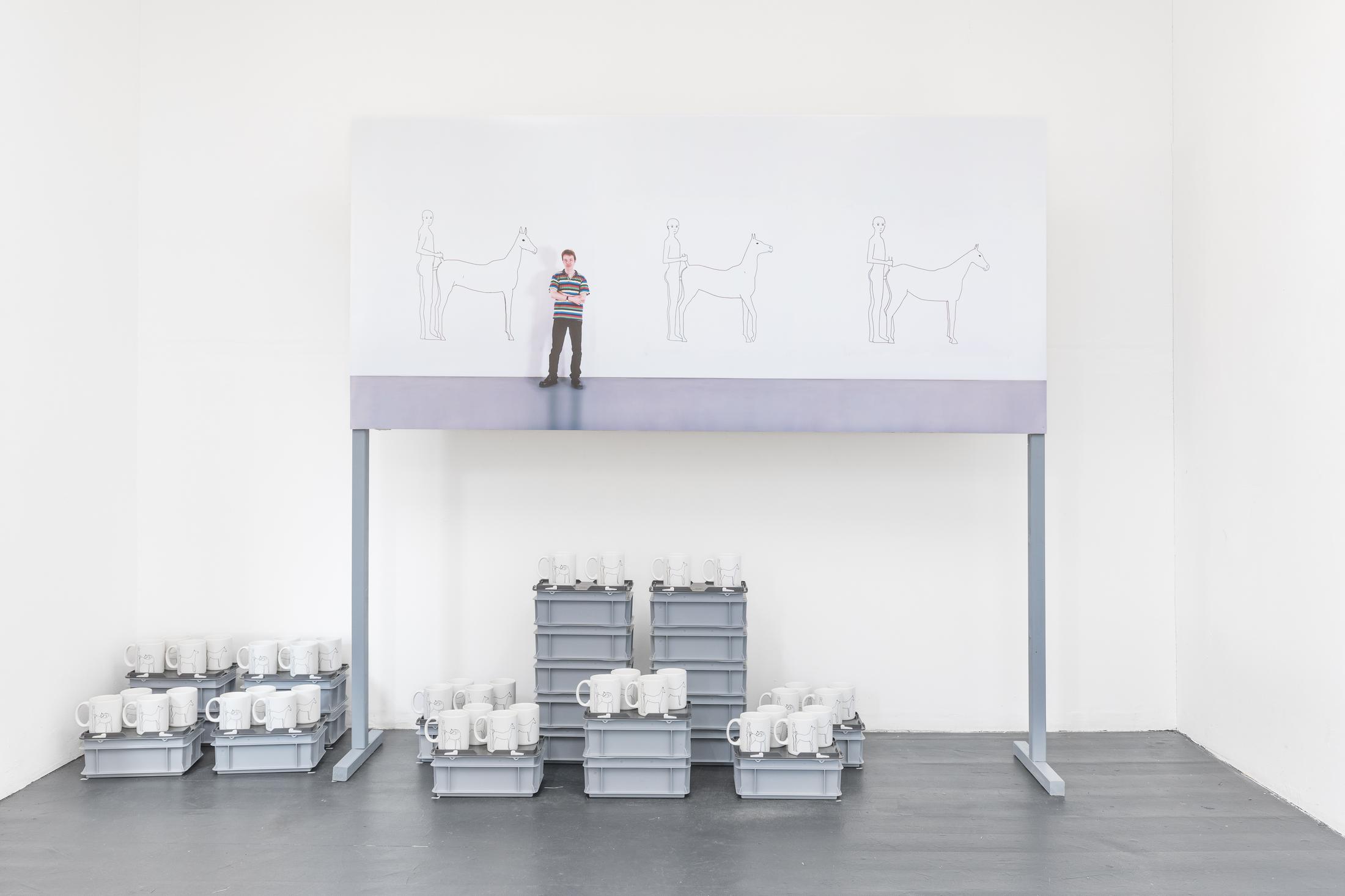 Exhibition View Duo Show «Robert Estermann and Oz Oderbolz; view on Robert Estermann, Four Boys / Four Horses #2 #3 #4 (Above), 2023, photo print on wooden panel, print: 90 x 209 x 40.5 cm» at Last Tango, Zurich, 2023 / Photo: Kilian Bannwart / Courtesy: the artist and Last Tango