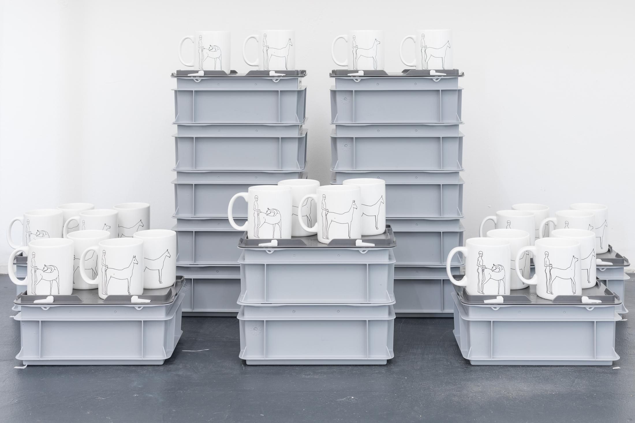 Exhibition View Duo Show «Robert Estermann and Oz Oderbolz; view on Robert Estermann, Four Boys / Four Horses Mugs, 2000, limited edition of 31 sets of four porcelain mugs with burned in print, each 11 x 8.5 x 8.5 cm» at Last Tango, Zurich, 2023 / Photo: Kilian Bannwart / Courtesy: the artist and Last Tango