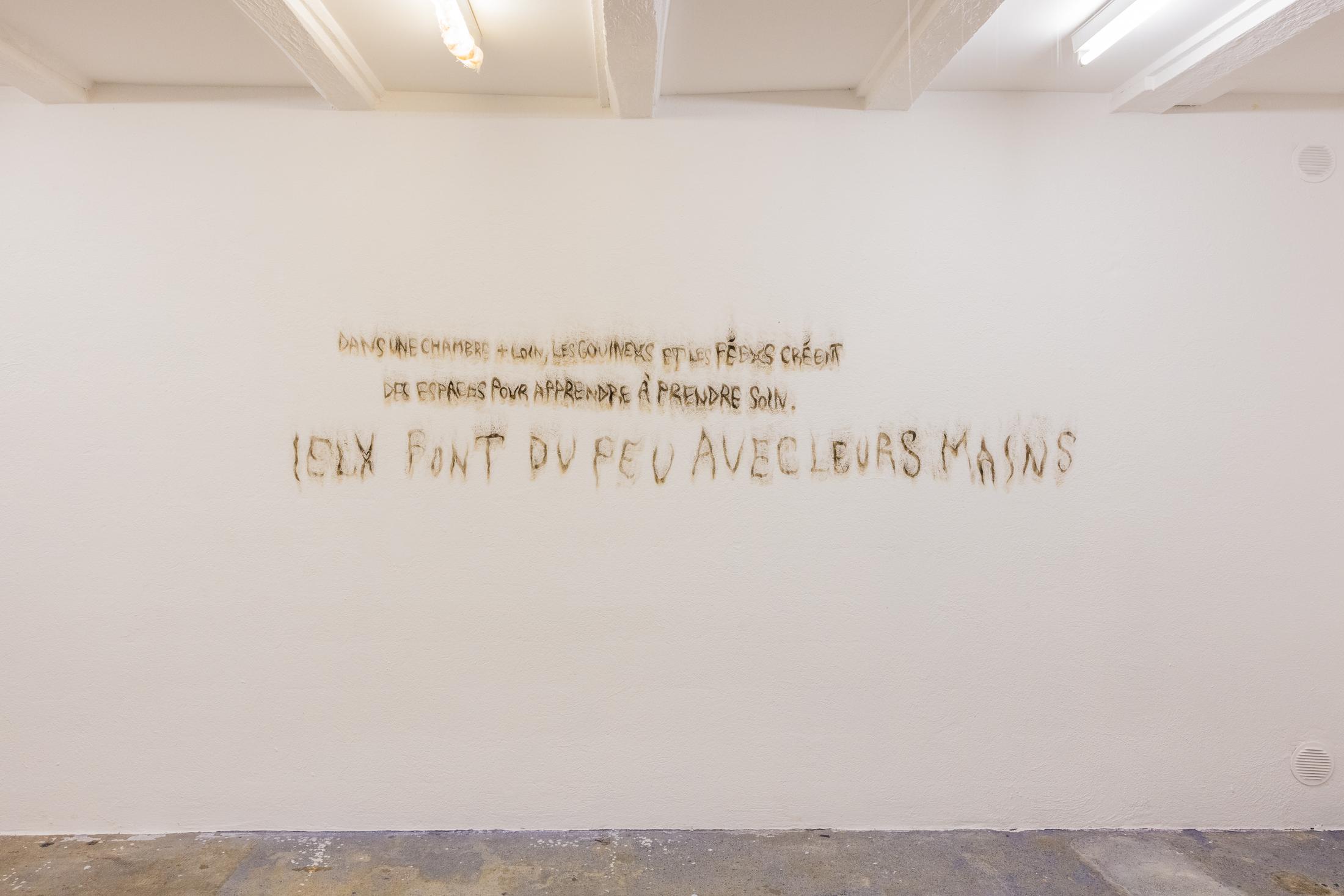 Exhibition View Duo Show «Fusionner nos Ardeurxes; view on Romy Colombe. K, Fire poem / Wonder n°16: Apprendre à prendre soin, 2022» at WallStreet, Fribourg, 2022-2023 / Photo: Julie Folly / Courtesy: the artist and WallStreet