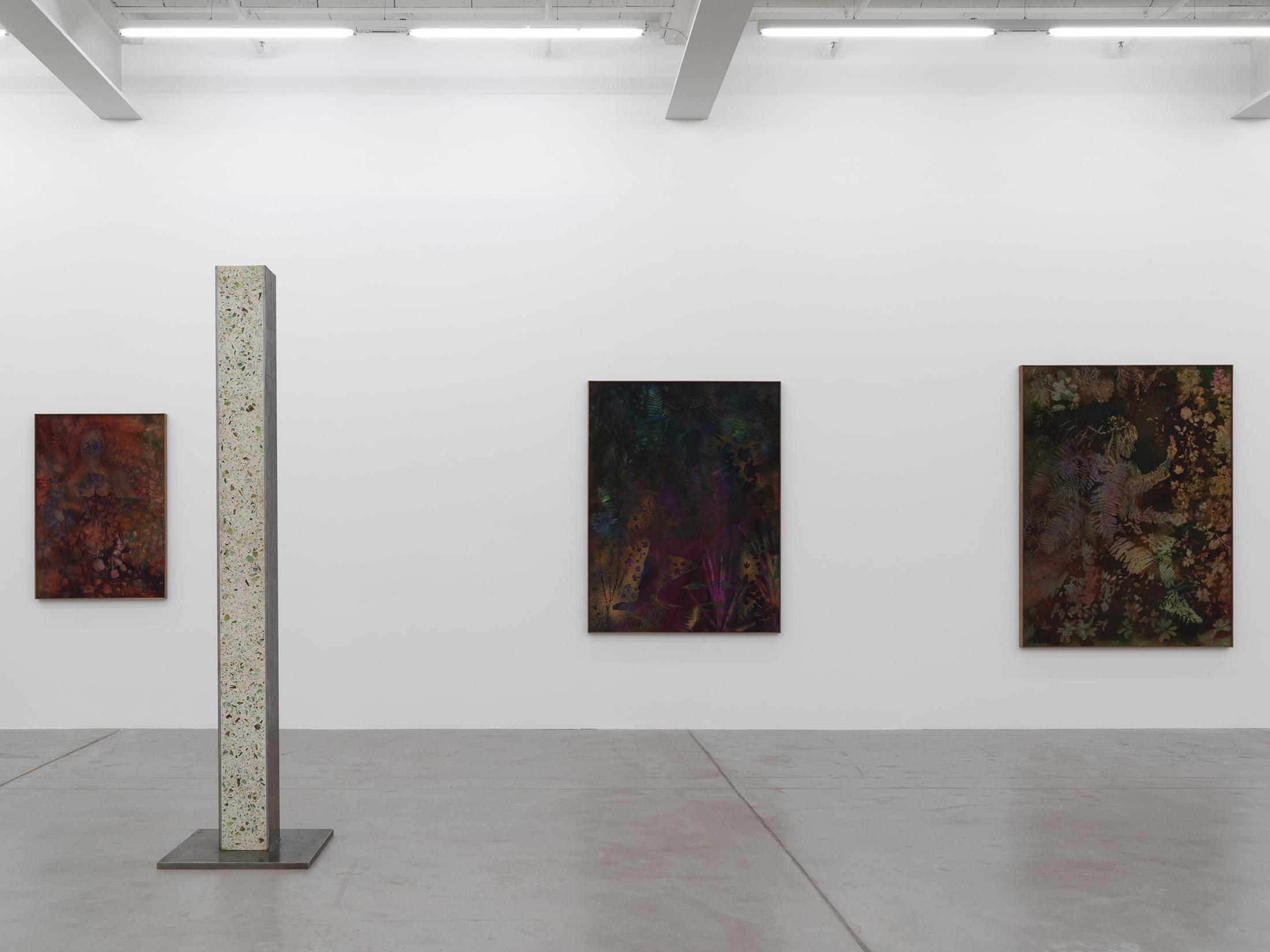 Exhibition View Sam Falls Soloshow at Galerie Eva Presenhuber, Zurich, 2019 / Photo: Stefan Altenburger / © Sam Falls / Courtesy the artist and Galerie Eva Presenhuber, Zurich / New York