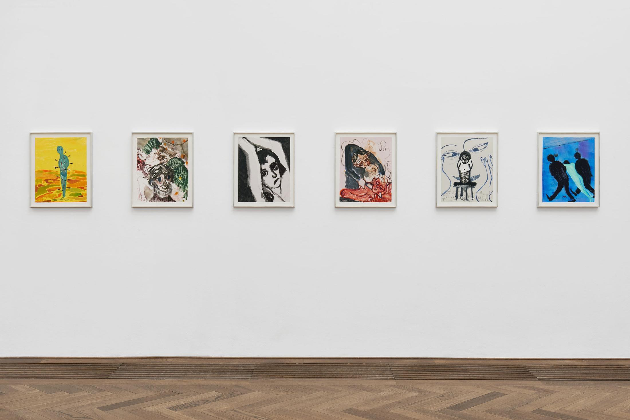 Installation View Sanya Kantarovsky «Disease of the Eyes / view on (f.l.t.r.) Sebastian, Kaput, Change of Heart, Wet Rag, Abuse, Removal III, all 2018» at Kunsthalle Basel, 2018. Photo: Philipp Hänger / Courtesy of the artist; Luhring Augustine, New York; Stuart Shave/Modern Art, London; and Tanya Leighton Gallery, Berlin