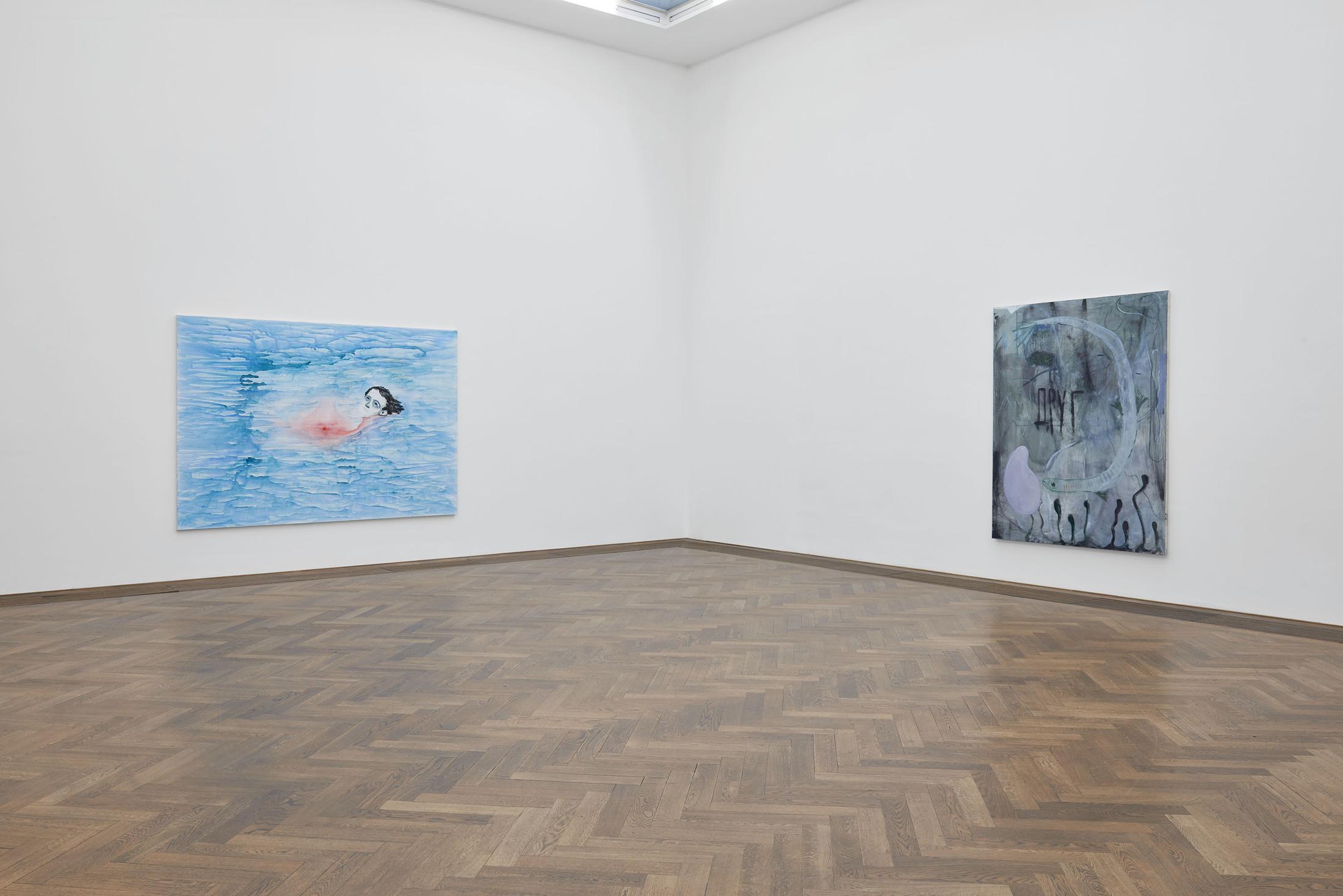 Installation View Sanya Kantarovsky «Disease of the Eyes / view on (f.l.t.r.) Floater, 2018, Friend, 2018» at Kunsthalle Basel, 2018. Photo: Philipp Hänger / Courtesy of the artist; Luhring Augustine, New York; Stuart Shave/Modern Art, London; and Tanya Leighton Gallery, Berlin