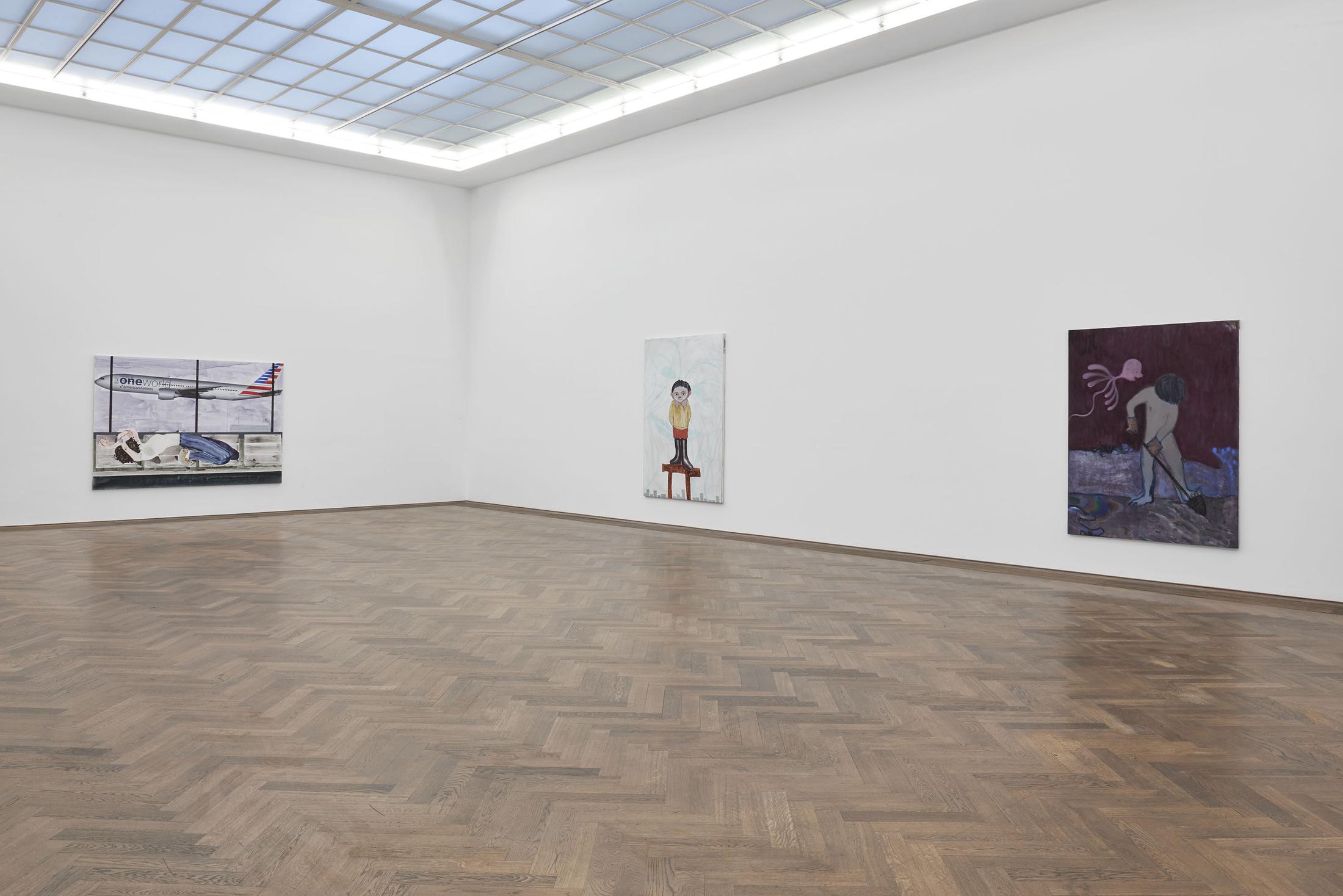 Installation View Sanya Kantarovsky «Disease of the Eyes / view on (f.l.t.r.) Floater, 2018, Friend, 2018» at Kunsthalle Basel, 2018. Photo: Philipp Hänger / Courtesy of the artist; Luhring Augustine, New York; Stuart Shave/Modern Art, London; and Tanya Leighton Gallery, Berlin