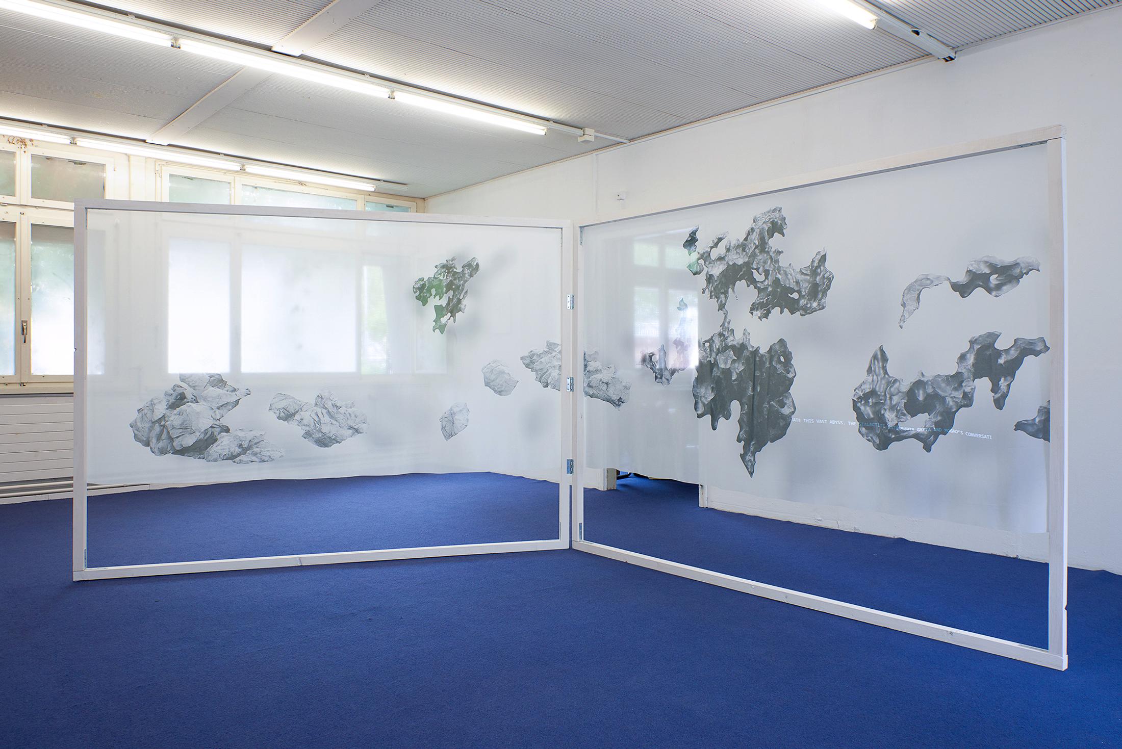 Exhibition View Groupshow «Spiral Arms; view on Sarah Chow, chmod sync to stone / Tou program, 2019» at Longtang, Zurich, 2019 / Photo: James Bantone / Courtesy: the artists and Longtang, Zurich