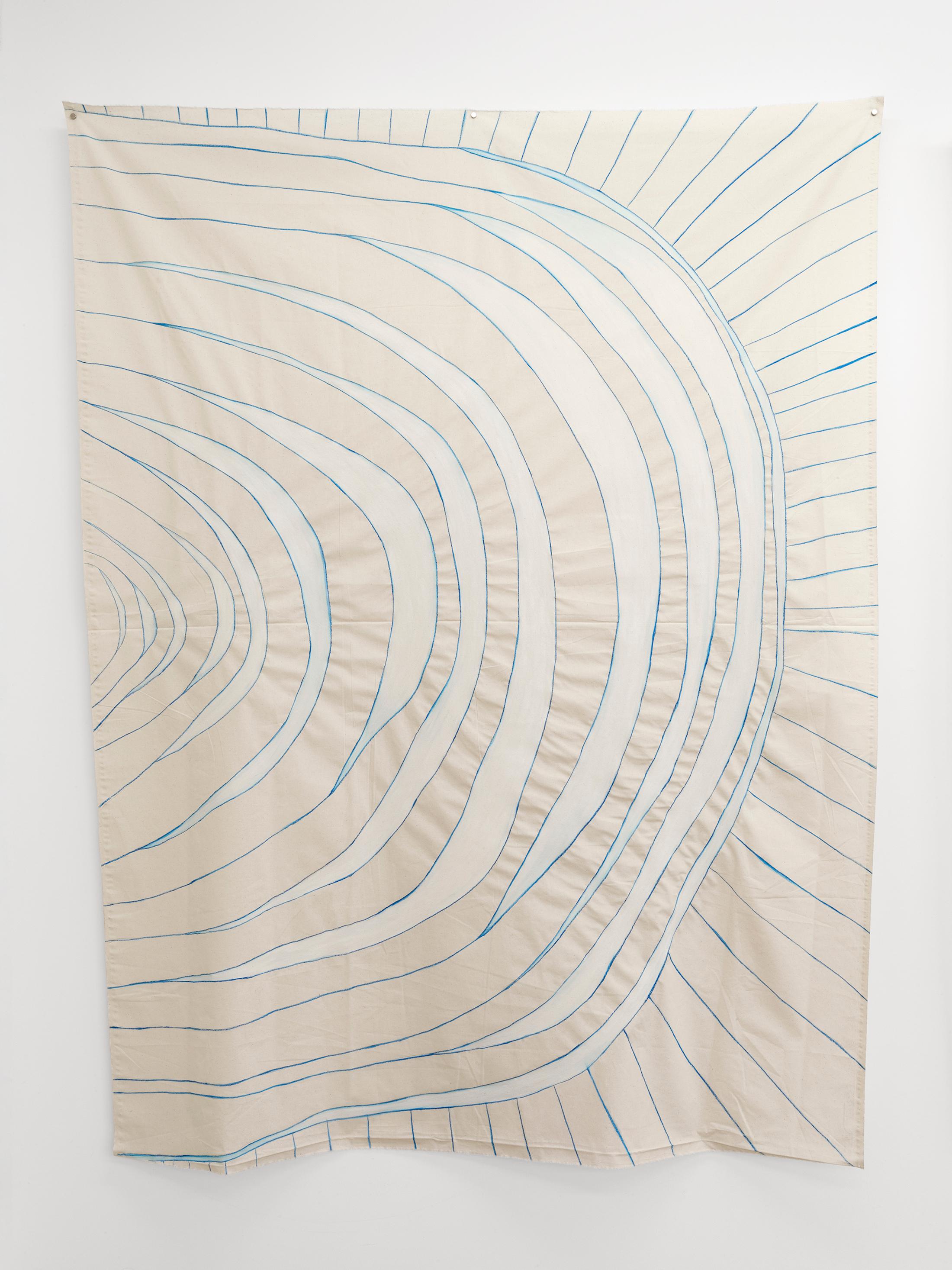 Exhibition View Sarah Lehnerer Solo Show «casting on; view on Sarah Lehnerer, Untitled (425), watercolor pen and gouache on canvas, 152 × 197.5 cm, 2022» at Kirchgasse Gallery, Steckborn, 2022 / Photo: Cedric Mussano / Courtesy: the artist and Kirchgasse Gallery