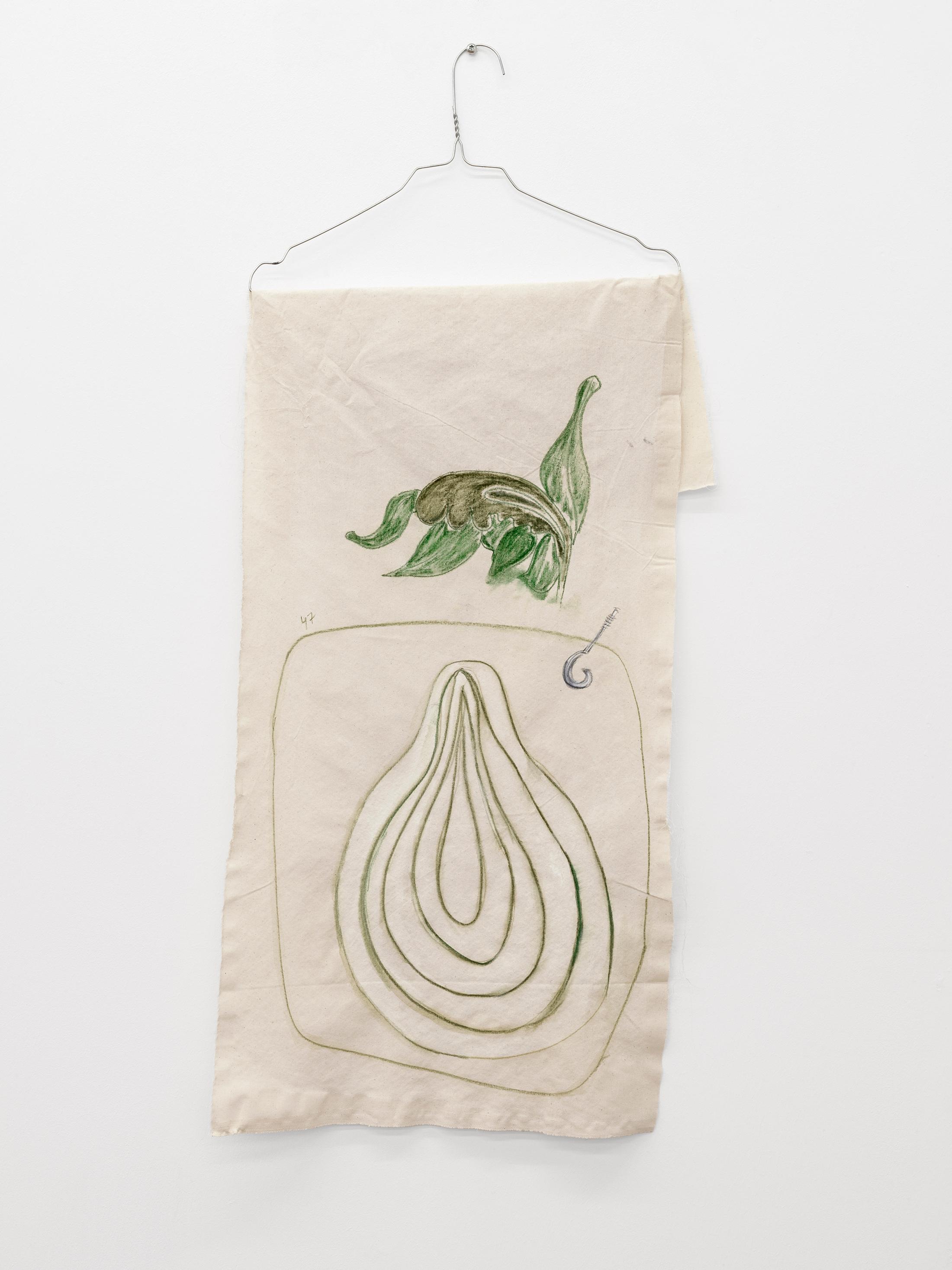 Exhibition View Sarah Lehnerer Solo Show «casting on; view on Sarah Lehnerer, Untitled (47_blossom), watercolor pen and gouache on canvas, 80 × 42 cm, 2022» at Kirchgasse Gallery, Steckborn, 2022 / Photo: Cedric Mussano / Courtesy: the artist and Kirchgasse Gallery