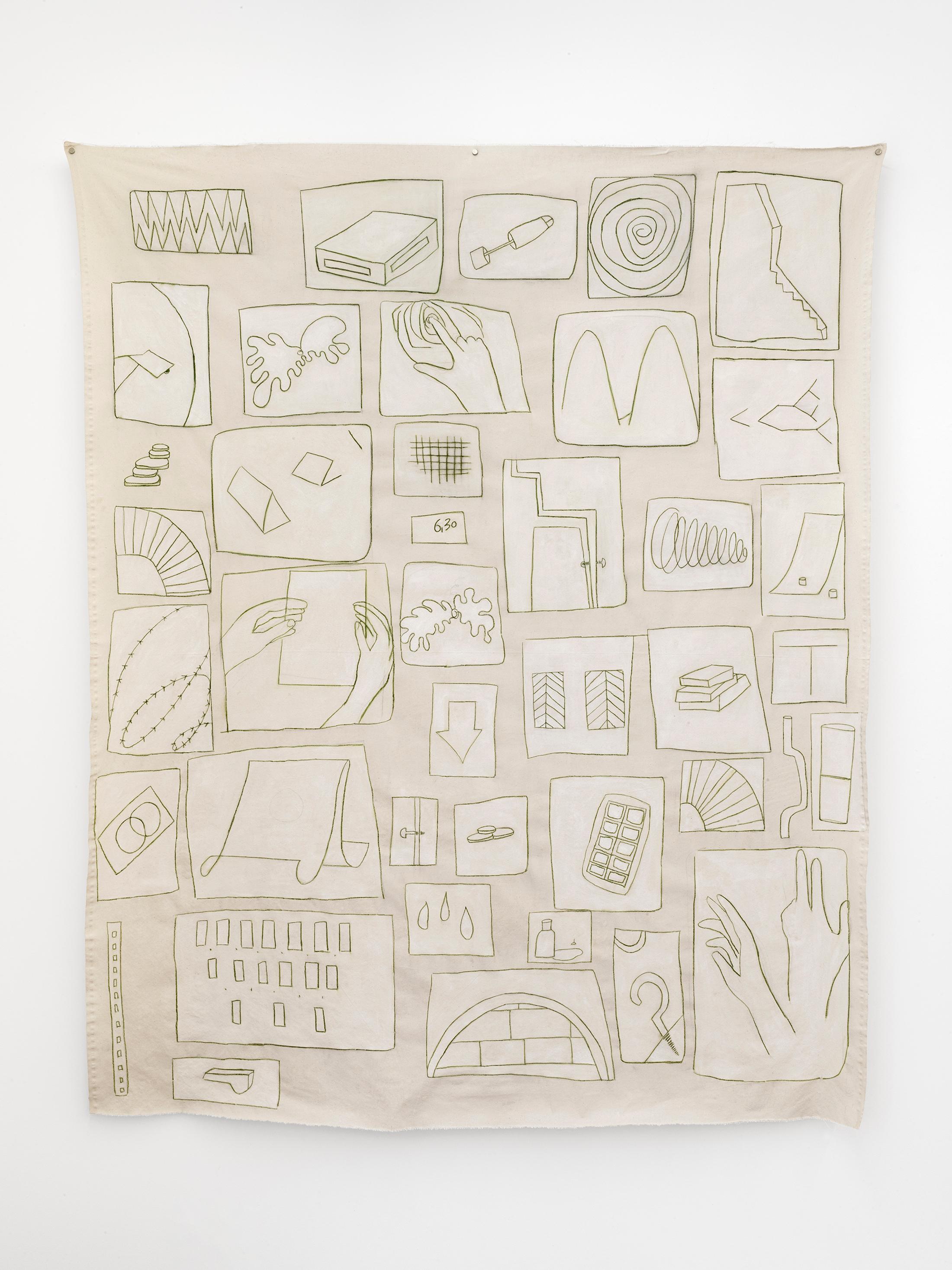 Exhibition View Sarah Lehnerer Solo Show «casting on; view on Sarah Lehnerer, Untitled (585), watercolor pen and gouache on canvas, 153 × 183 cm, 2022» at Kirchgasse Gallery, Steckborn, 2022 / Photo: Cedric Mussano / Courtesy: the artist and Kirchgasse Gallery