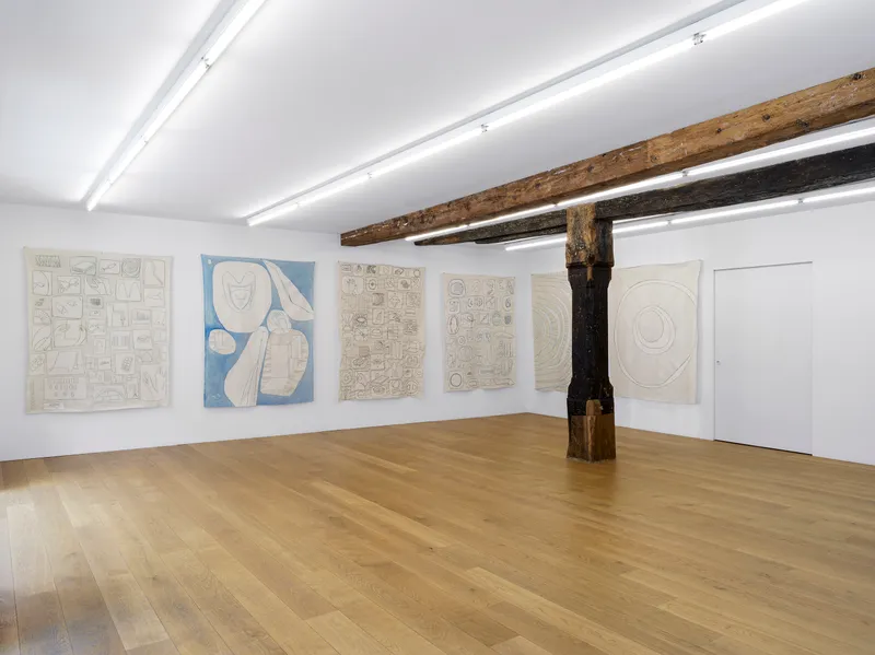 Exhibition View Sarah Lehnerer Solo Show «casting on» at Kirchgasse Gallery, Steckborn, watercolor pen and gouache on canvas, 153 × 183 cm, 2022 / Photo: Cedric Mussano / Courtesy: the artist and Kirchgasse Gallery