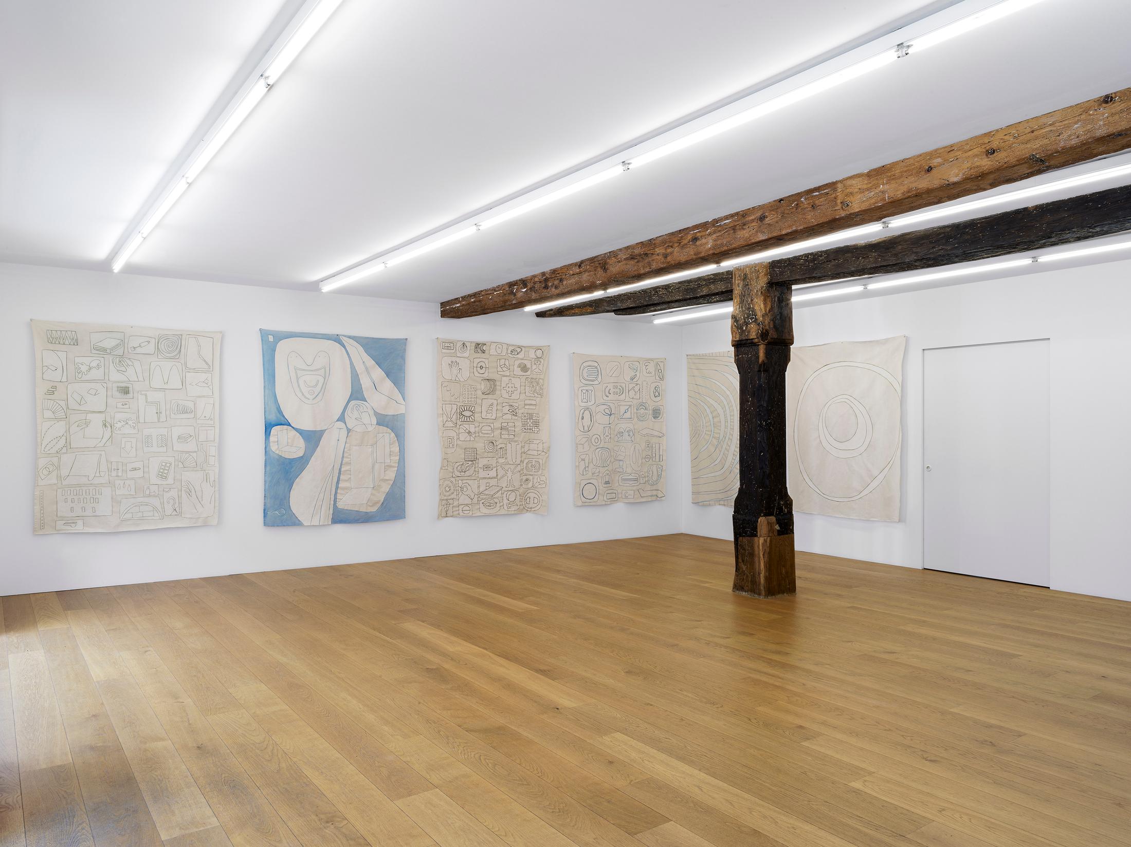 Exhibition View Sarah Lehnerer Solo Show «casting on» at Kirchgasse Gallery, Steckborn, watercolor pen and gouache on canvas, 153 × 183 cm, 2022 / Photo: Cedric Mussano / Courtesy: the artist and Kirchgasse Gallery