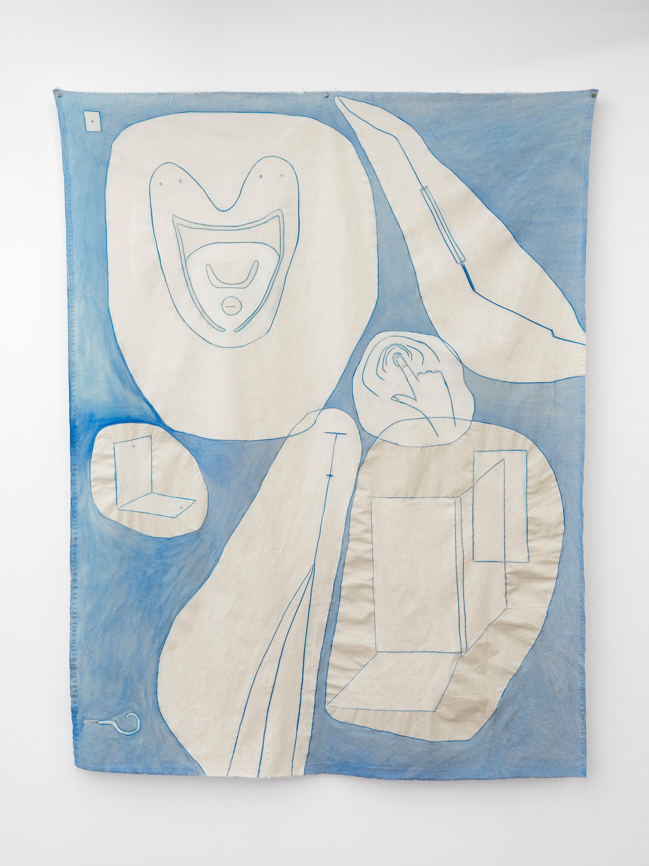 Exhibition View Sarah Lehnerer Solo Show «casting on; view on Sarah Lehnerer, Untitled, watercolor pen and gouache on canvas, 154 × 193.5 cm, 2022» at Kirchgasse Gallery, Steckborn, 2022 / Photo: Cedric Mussano / Courtesy: the artist and Kirchgasse Gallery