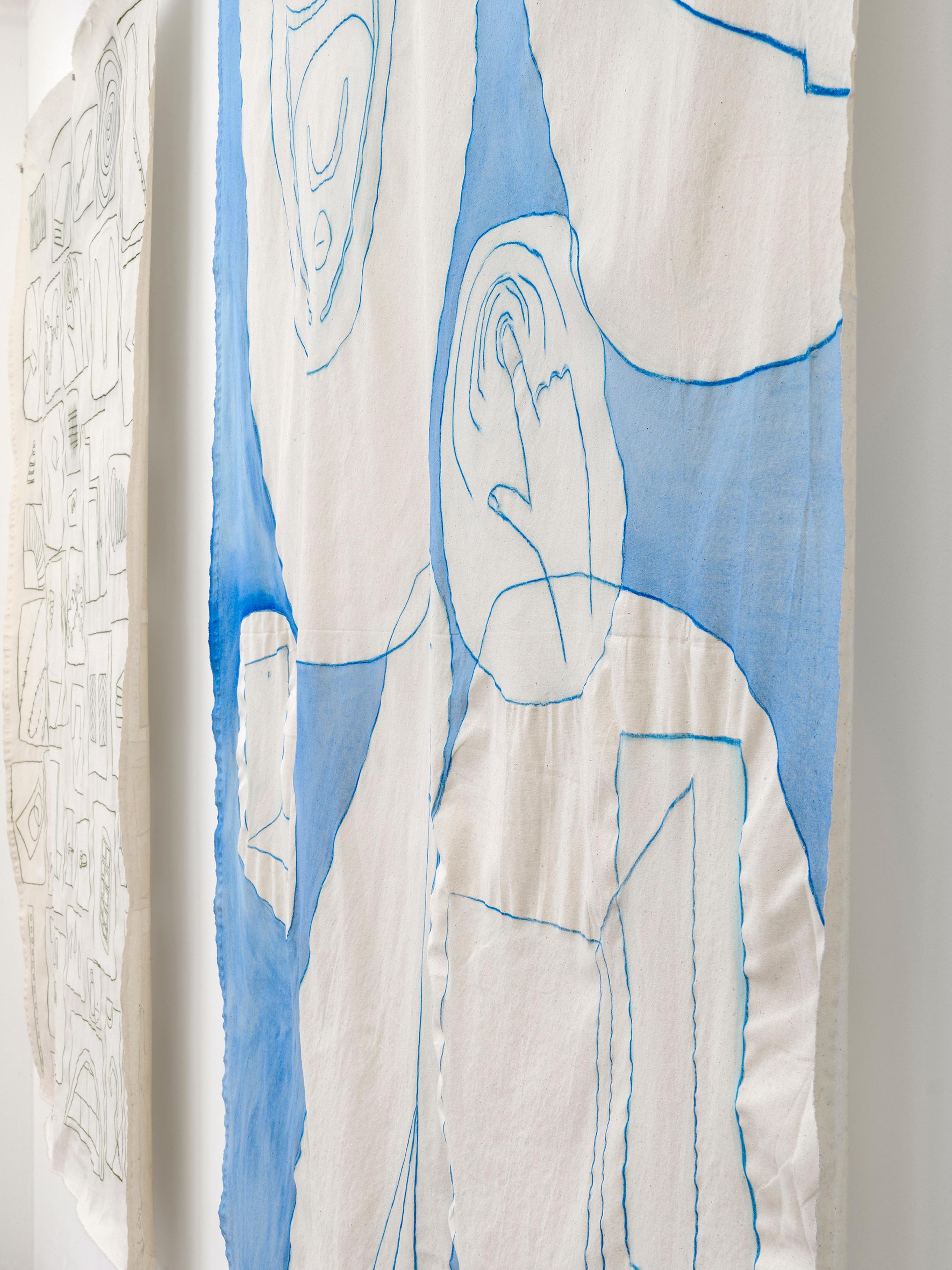 Exhibition View Sarah Lehnerer Solo Show «casting on; view on Sarah Lehnerer, Untitled, watercolor pen and gouache on canvas, 154 × 193.5 cm, 2022» at Kirchgasse Gallery, Steckborn, 2022 / Photo: Cedric Mussano / Courtesy: the artist and Kirchgasse Gallery