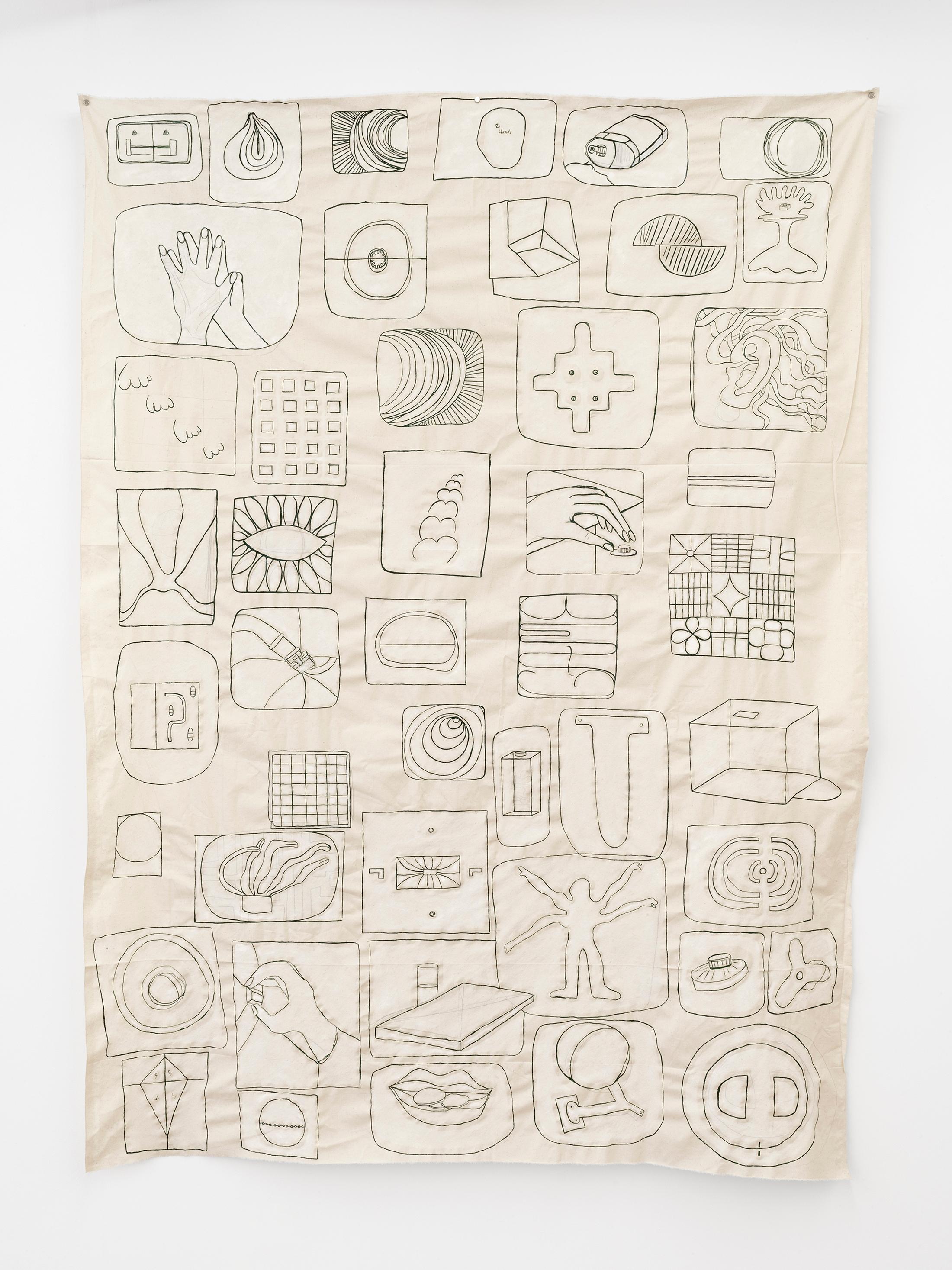 Exhibition View Sarah Lehnerer Solo Show «casting on; view on Sarah Lehnerer, Untitled (759), watercolor pen and gouache on canvas, 148 × 201.5 cm, 2022» at Kirchgasse Gallery, Steckborn, 2022 / Photo: Cedric Mussano / Courtesy: the artist and Kirchgasse Gallery