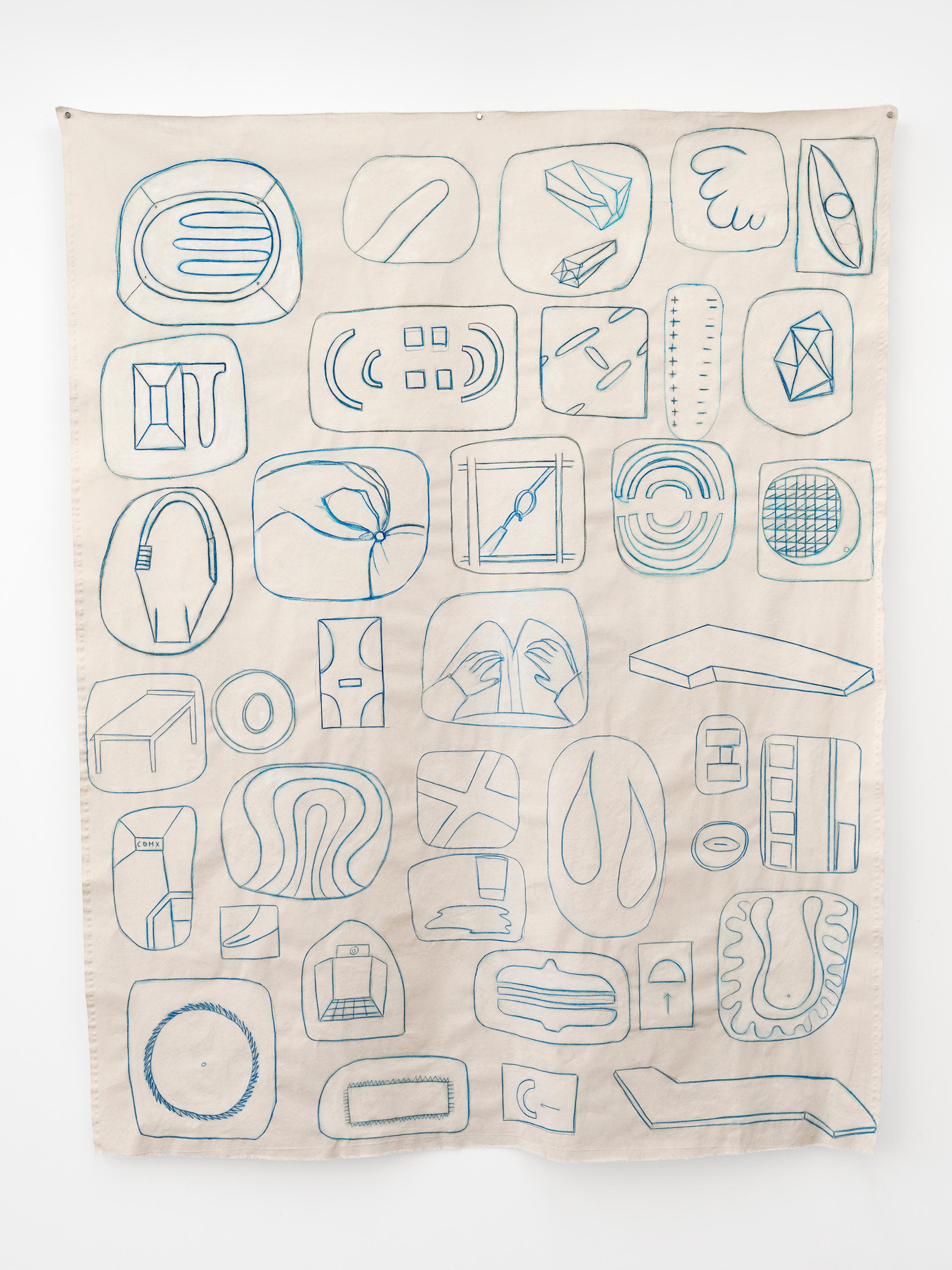 Exhibition View Sarah Lehnerer Solo Show «casting on; view on Sarah Lehnerer, Untitled (425), watercolor pen and gouache on canvas, 150 × 187.5 cm, 2022» at Kirchgasse Gallery, Steckborn, 2022 / Photo: Cedric Mussano / Courtesy: the artist and Kirchgasse Gallery