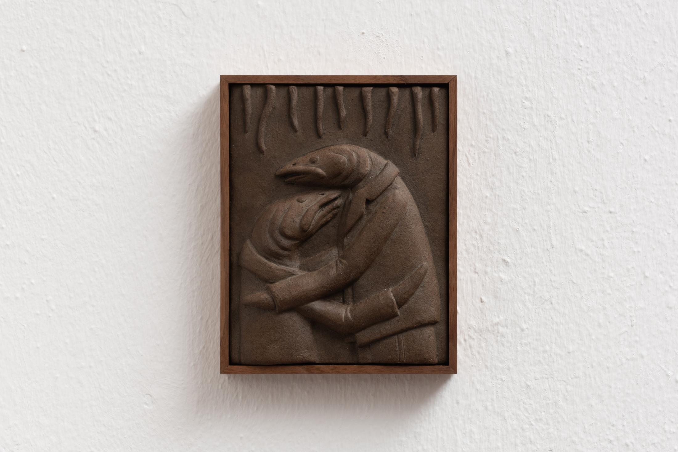 Exhibition View Group Show «SBANDARE; view on Adrien Chevalley, Vevey - Lugano, 2023, Grès, noce e rovere / stoneware, walnut & oak» at Sonnenstube, Lugano, 2023 / Photo: Mattia Angelini / Courtesy: the artist and Sonnenstube