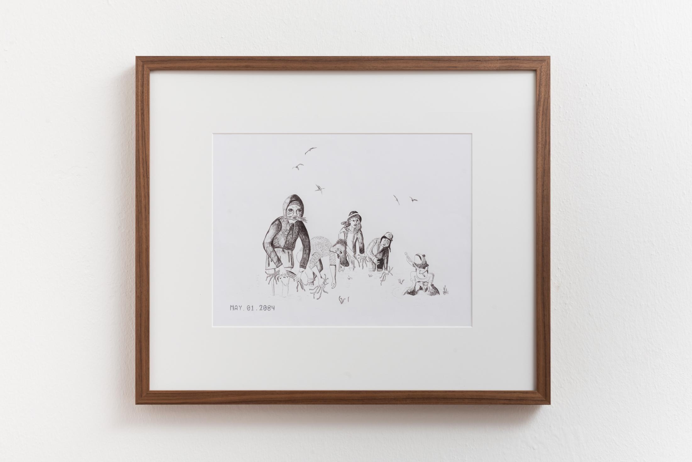 Exhibition View Group Show «SBANDARE; view on Noemi Pfister
Omaggio Alle Mondine, 2020, Ballpoint pen on paper, 29,7 x 42 cm» at Sonnenstube, Lugano, 2023 / Photo: Mattia Angelini / Courtesy: the artist and Sonnenstube