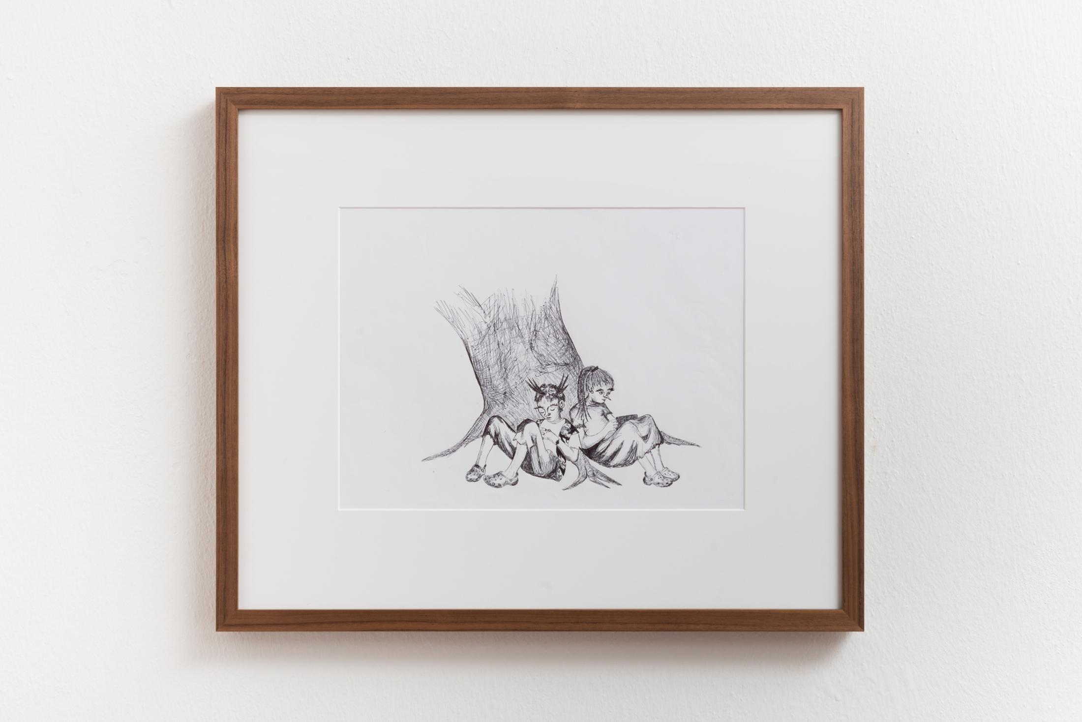 Exhibition View Group Show «SBANDARE; view on Noemi Pfister, Ohne Titel, 2021, Ballpoint pen on paper, 29,7 x 42 cm» at Sonnenstube, Lugano, 2023 / Photo: Mattia Angelini / Courtesy: the artist and Sonnenstube